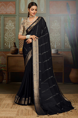 Black Striped Pattern Bemberg Saree Adorned With Intricate Zari Weaving & Graceful Tassel Pallu