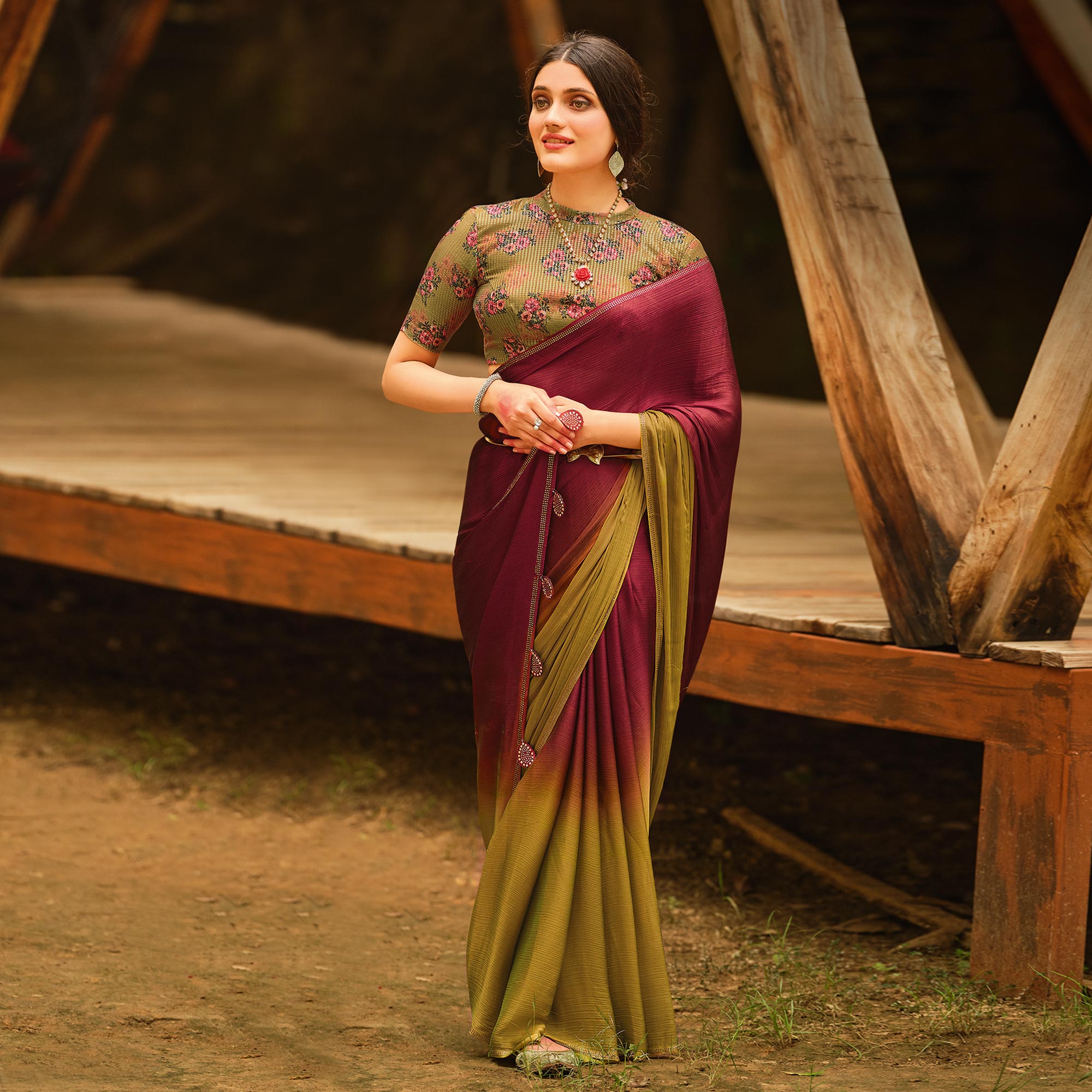 Maroon & Green Printed With Swarovski Work Chiffon Ombre Saree