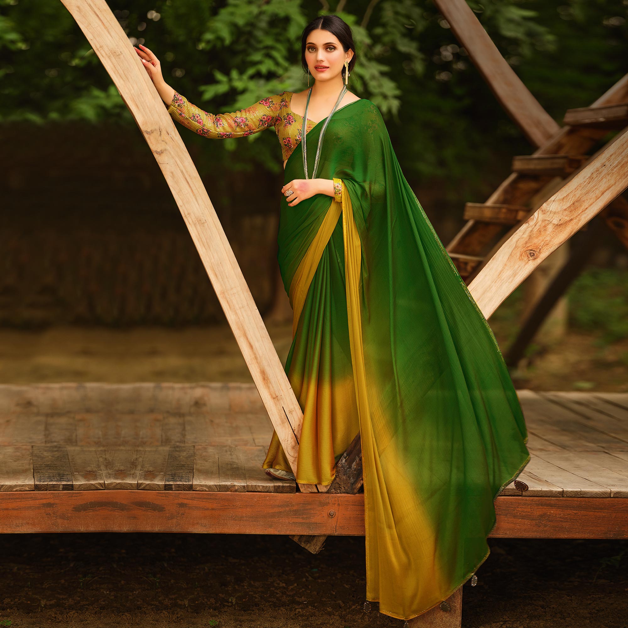 Green & Mustard Printed With Swarovski Work Chiffon Ombre Saree