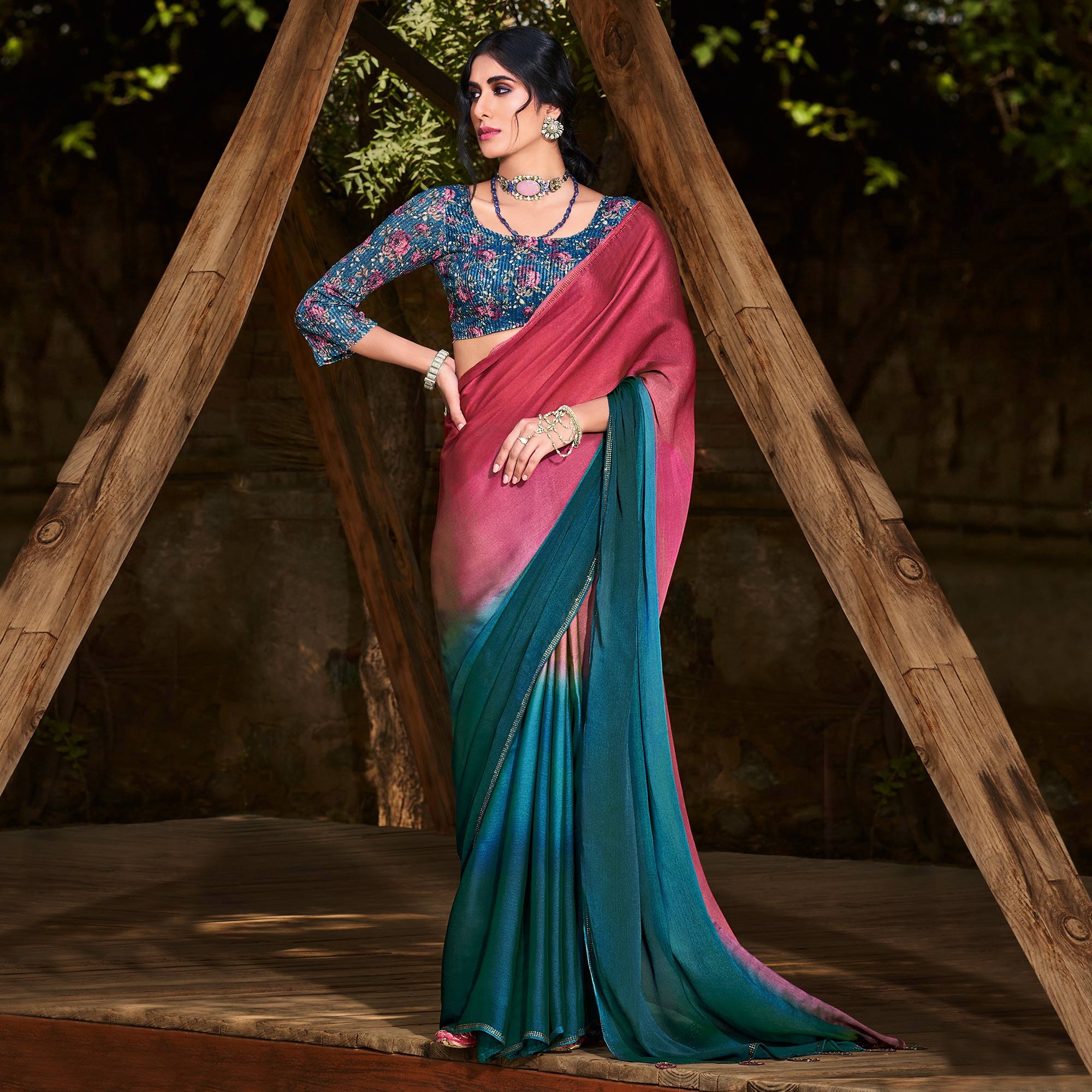 Blue & Pink Printed With Swarovski Work Chiffon Ombre Saree