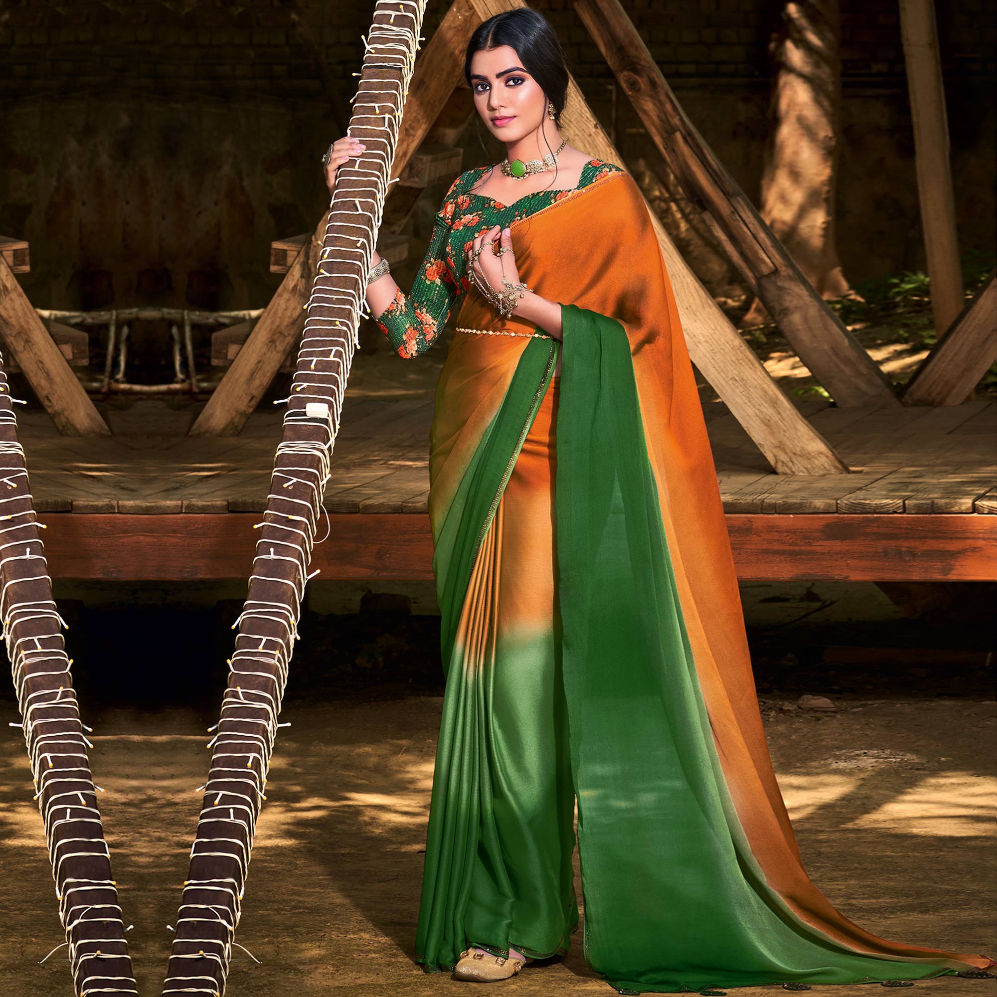 Orange & Green Printed With Swarovski Work Chiffon Ombre Saree