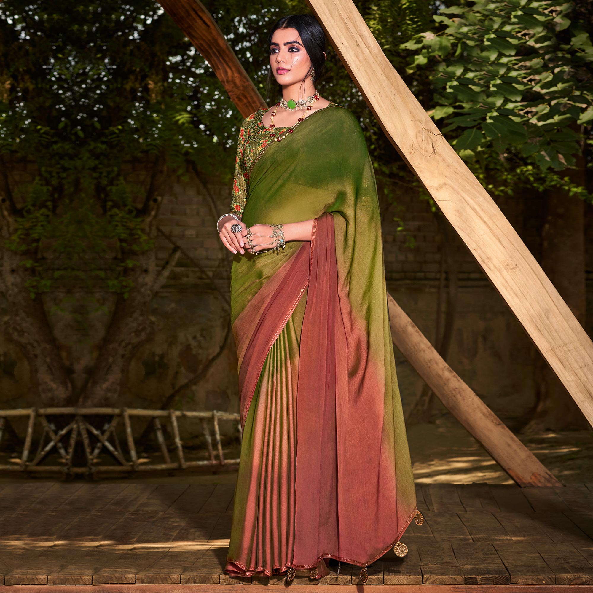 Green & Dusty Pink Printed With Swarovski Work Chiffon Ombre Saree