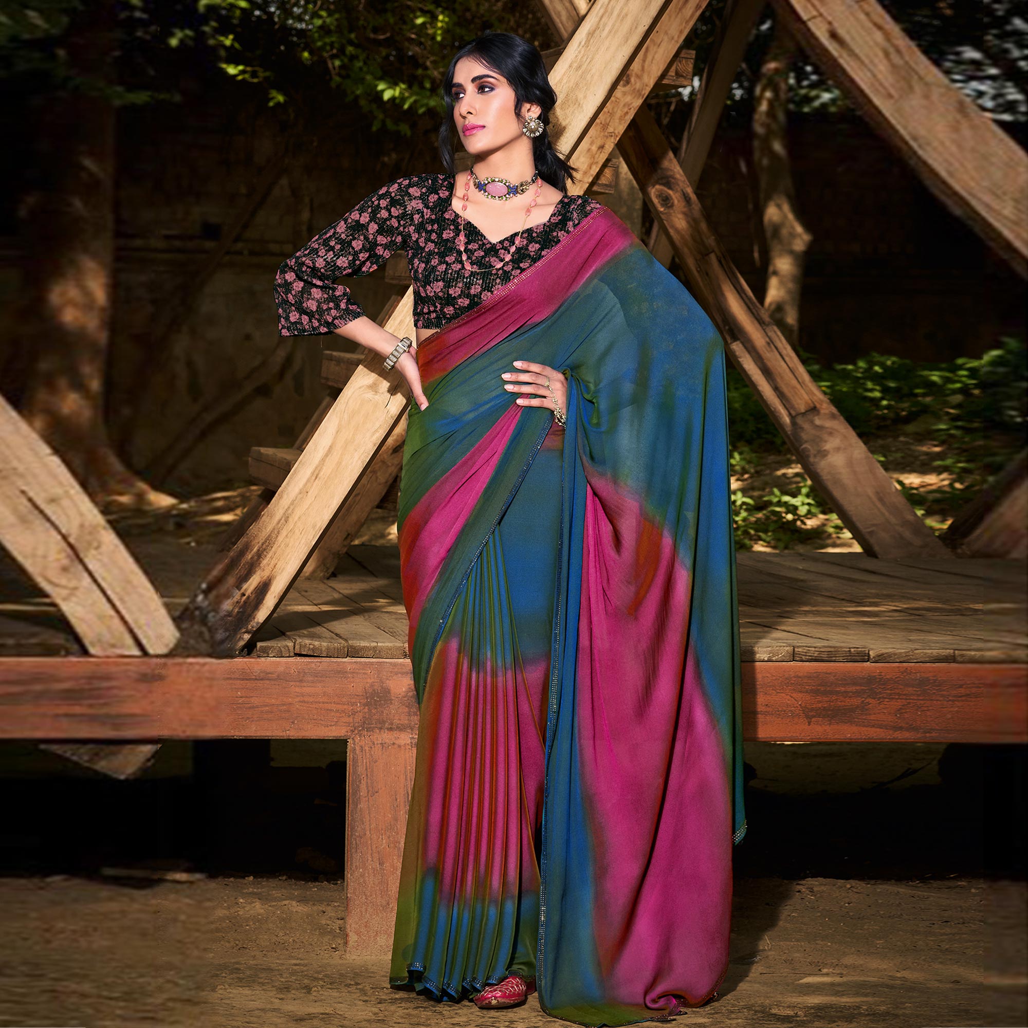 Blue & Pink Printed With Swarovski Work Chiffon Ombre Saree