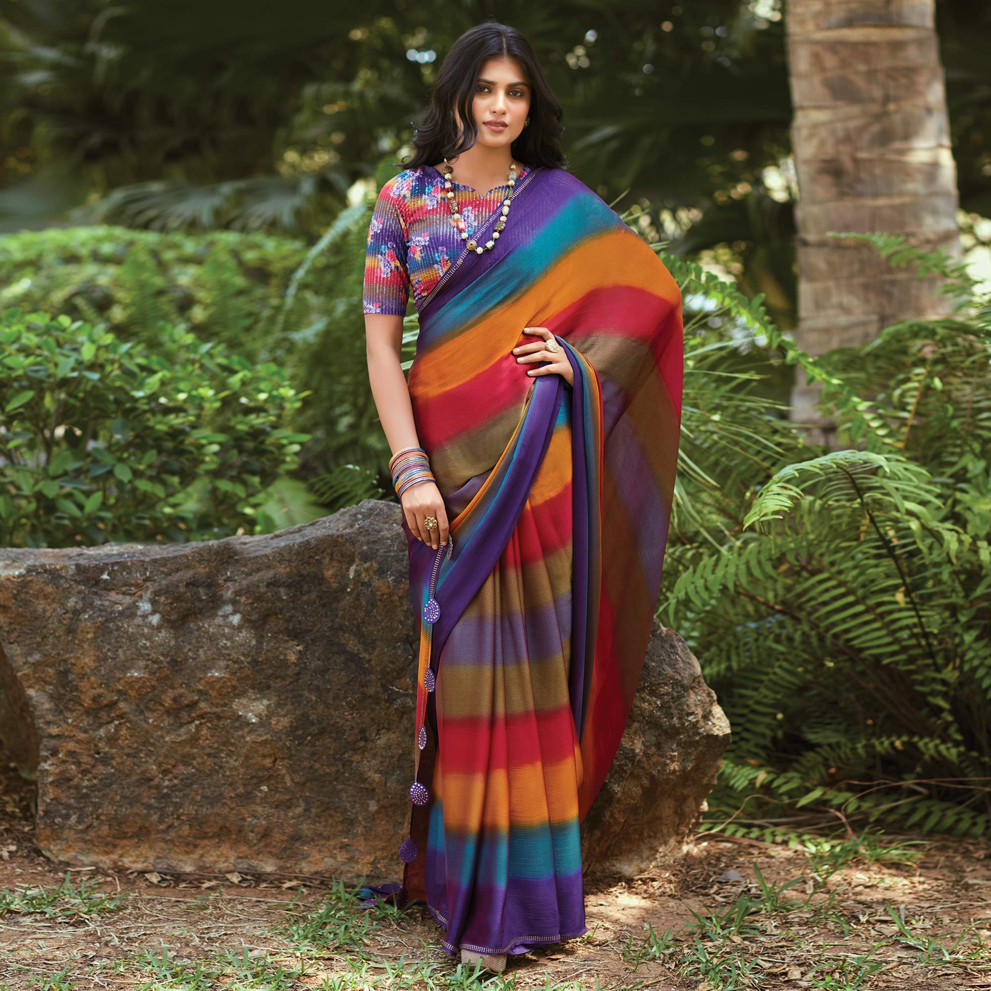 Multicolor Striped Printed Chiffon Saree