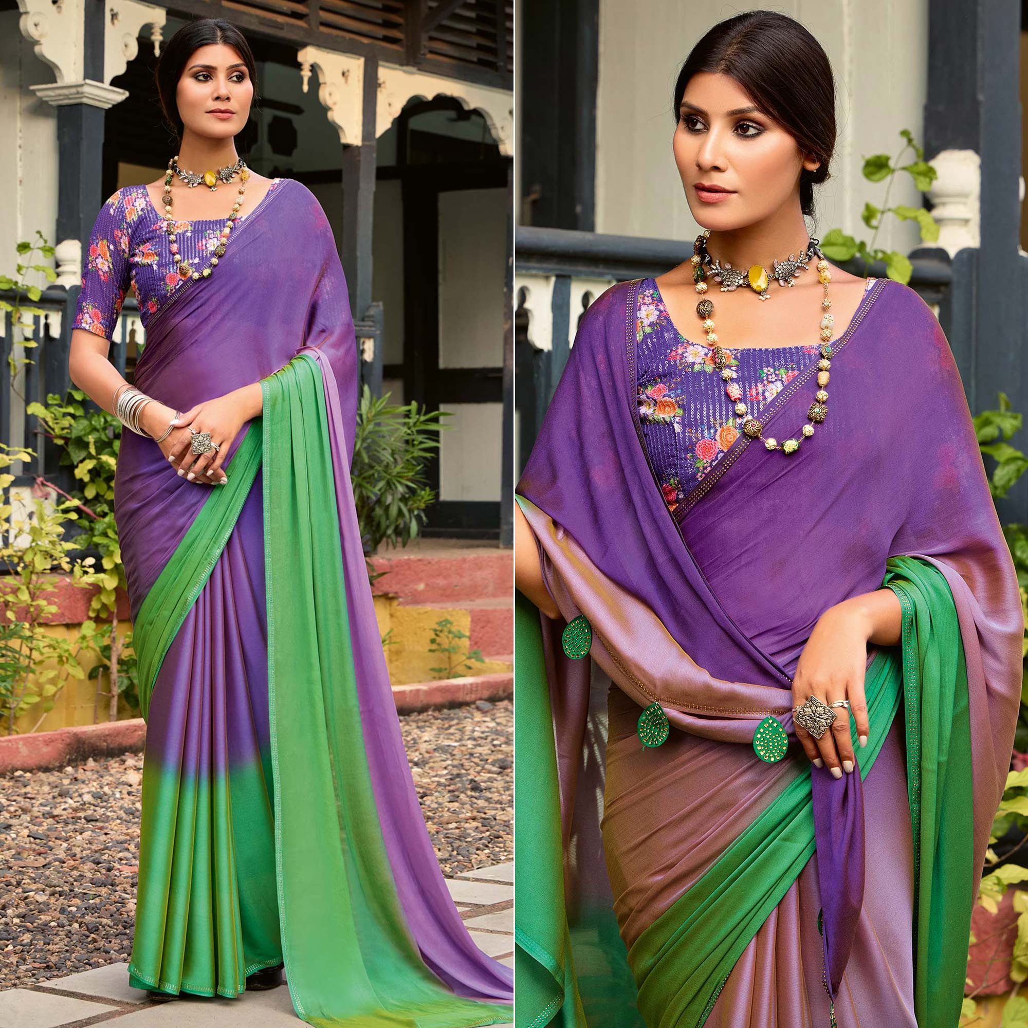 Purple & Green Ombre Print Chiffon Sarees