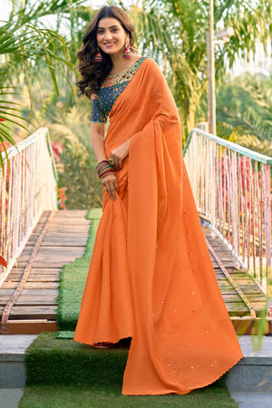 Timeless Orange Cotton Blend Drape Highlighted With Shimmering Mirror Embroidery Work