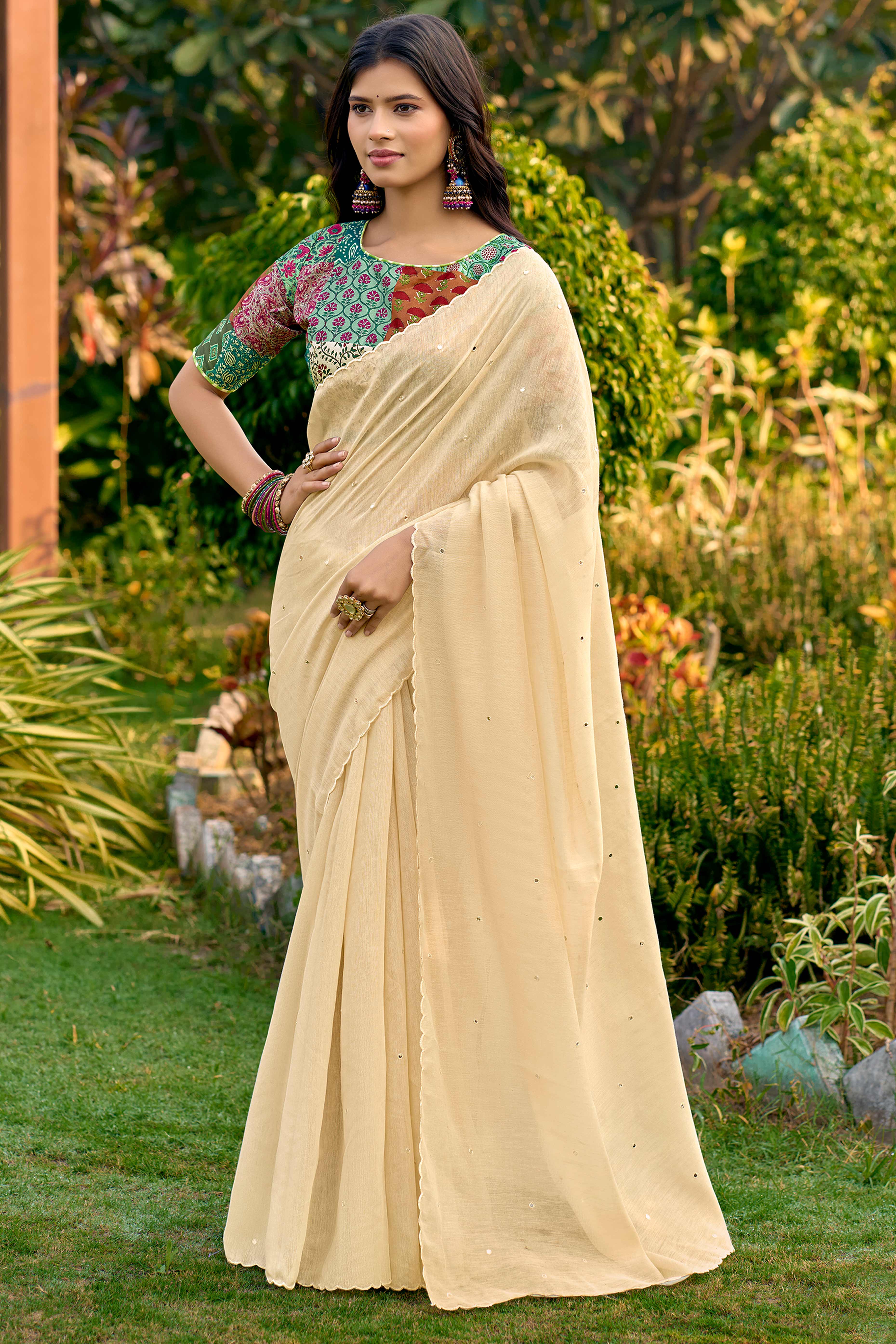 Timeless Cream Cotton Blend Drape Highlighted With Shimmering Mirror Embroidery Work