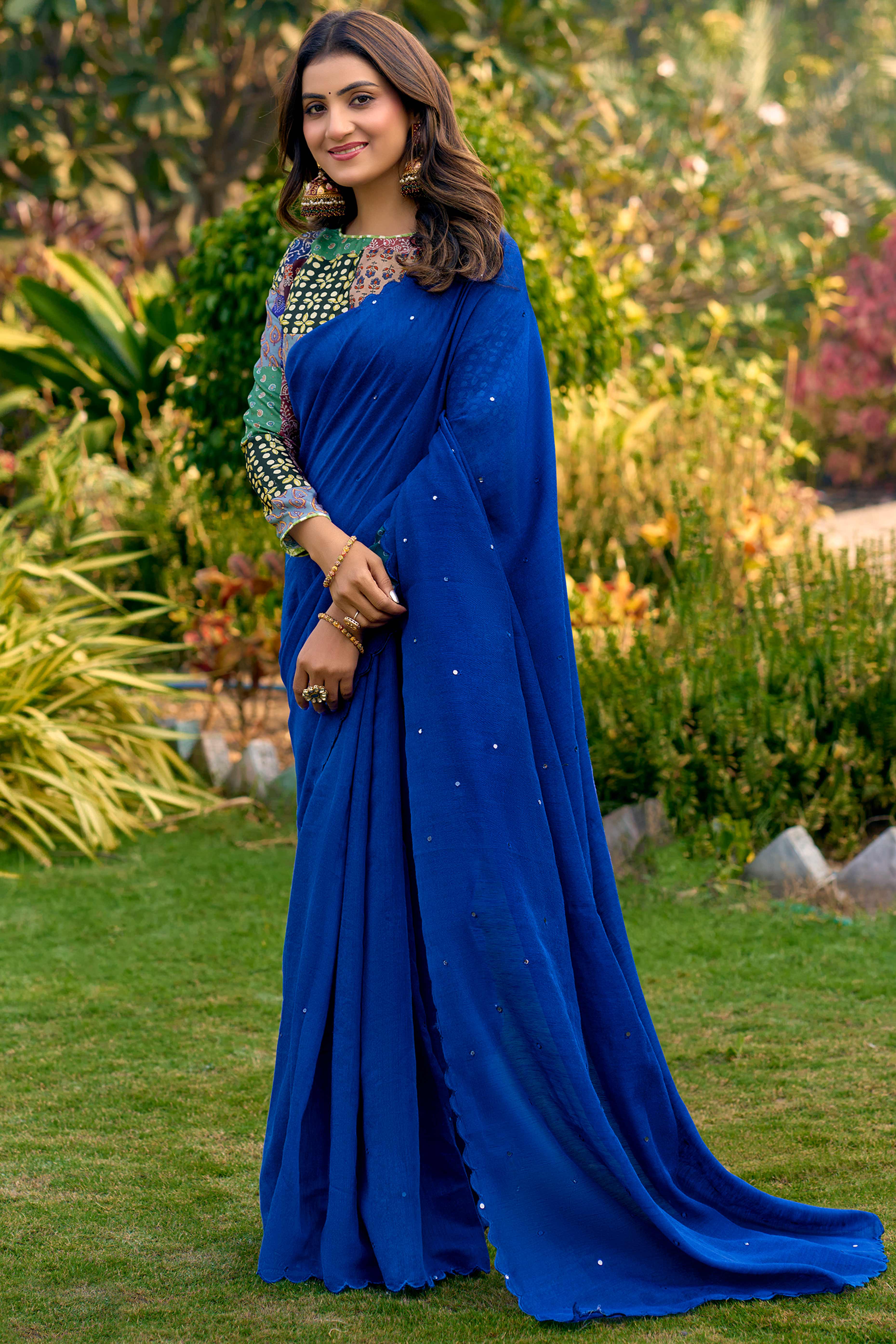 Timeless Royal Blue Cotton Blend Drape Highlighted With Shimmering Mirror Embroidery Work