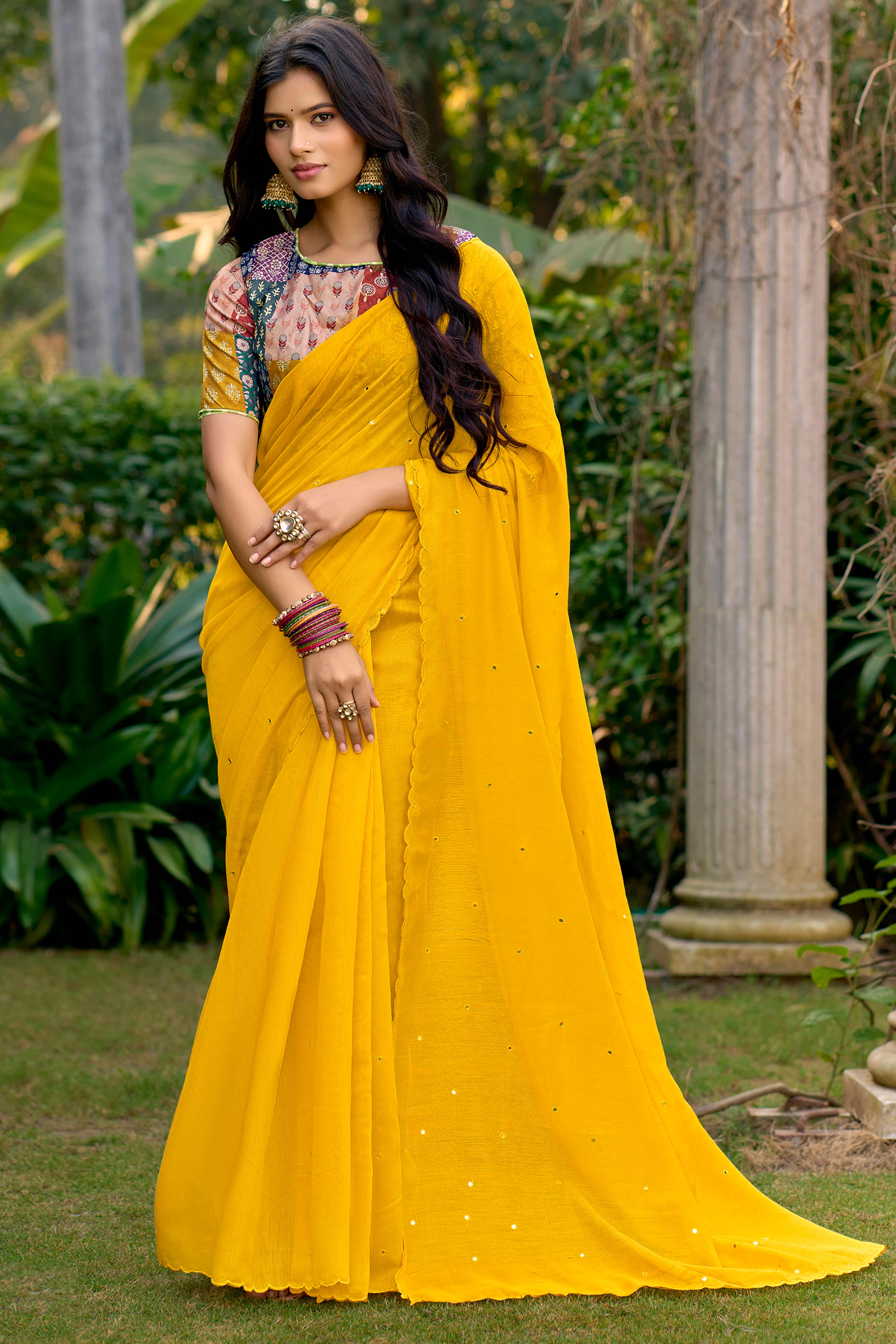 Timeless Yellow Cotton Blend Drape Highlighted With Shimmering Mirror Embroidery Work