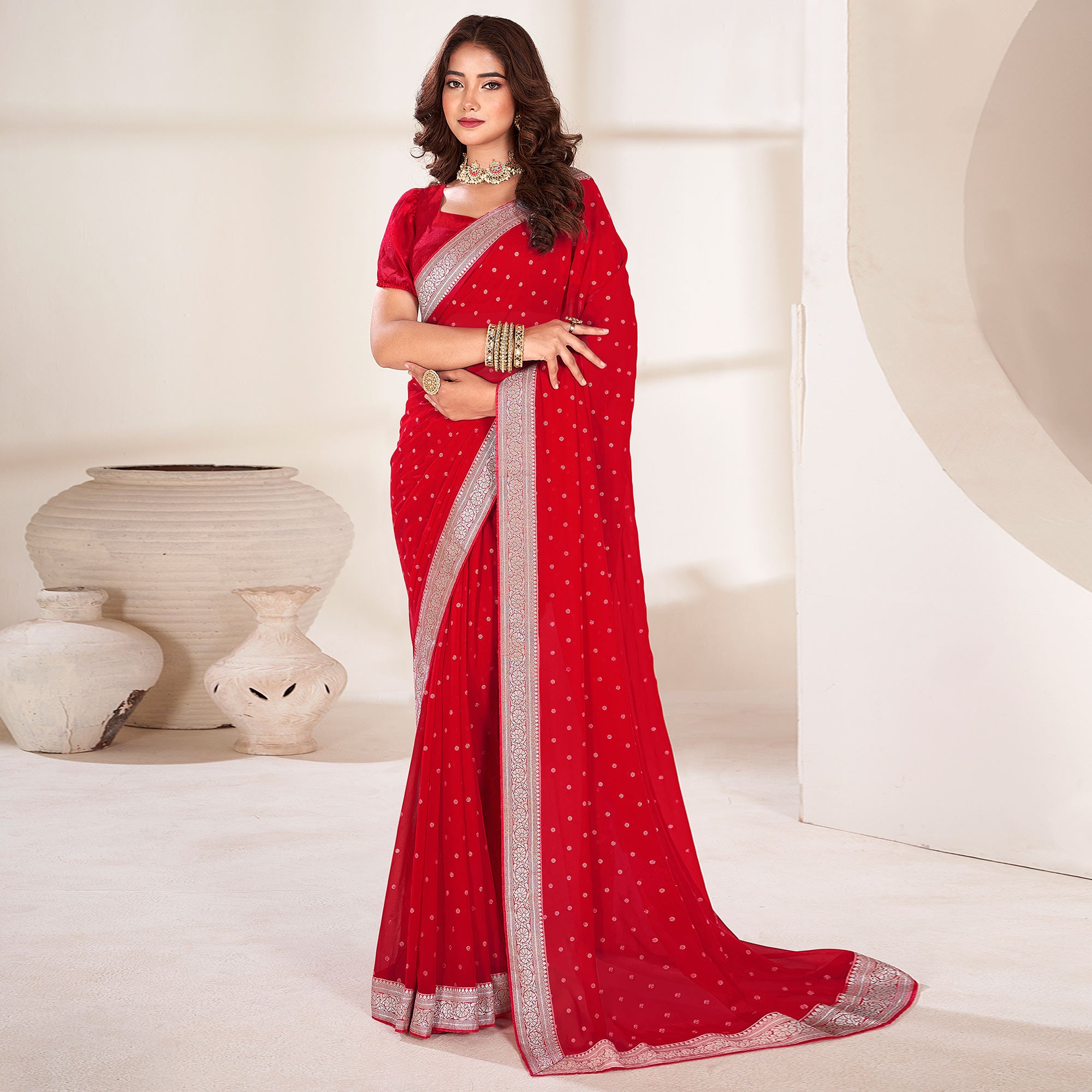 Red Foil Printed With Woven Border Georgette Saree