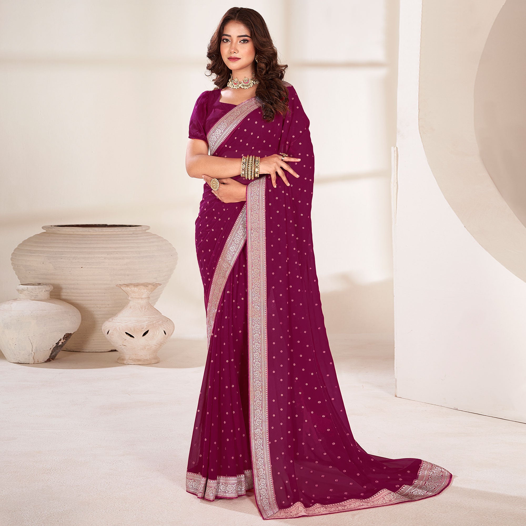 Purple Foil Printed With Woven Border Georgette Saree