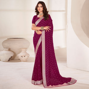 Purple Foil Printed With Woven Border Georgette Saree