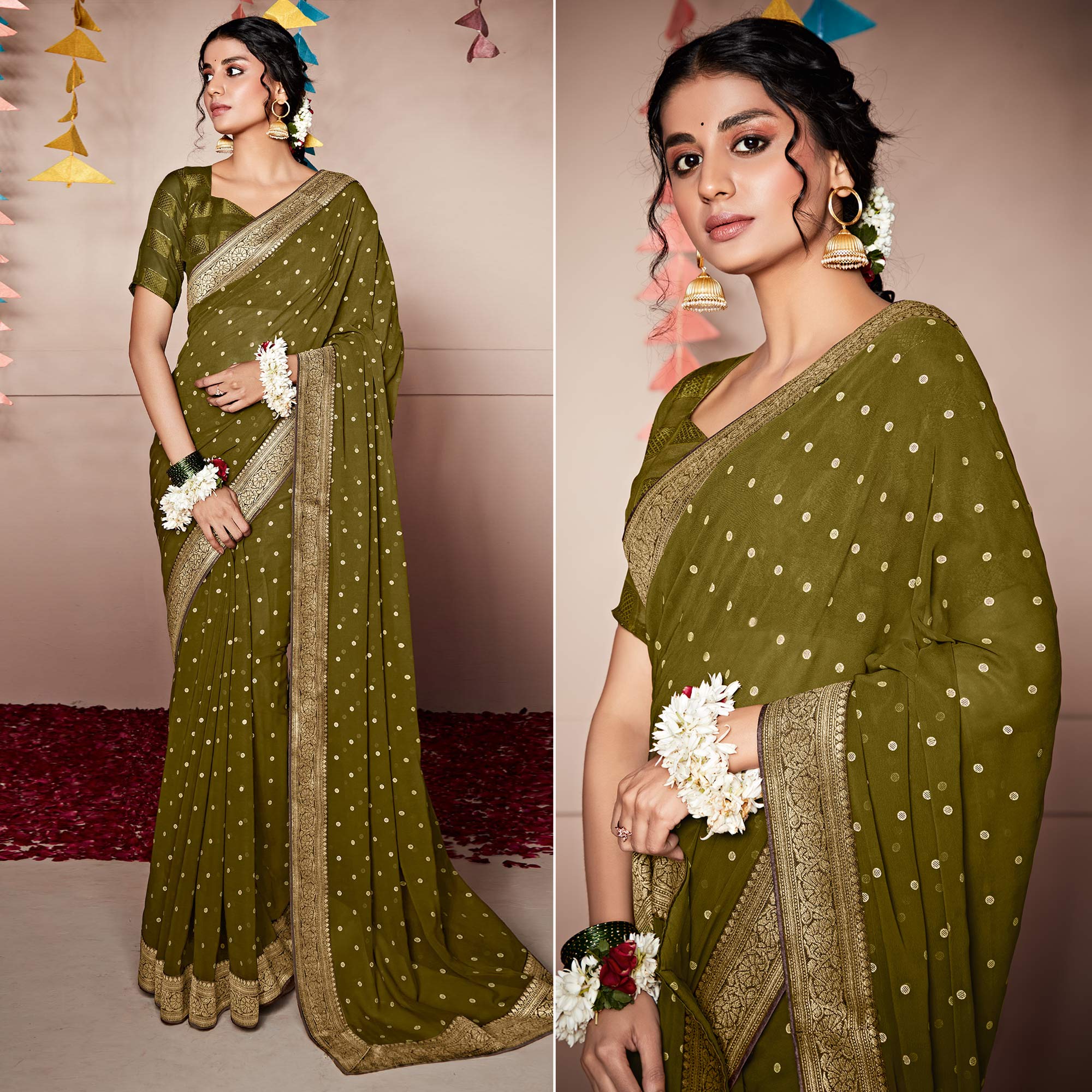 Mehendi Green Foil Printed With Woven Border Georgette Saree