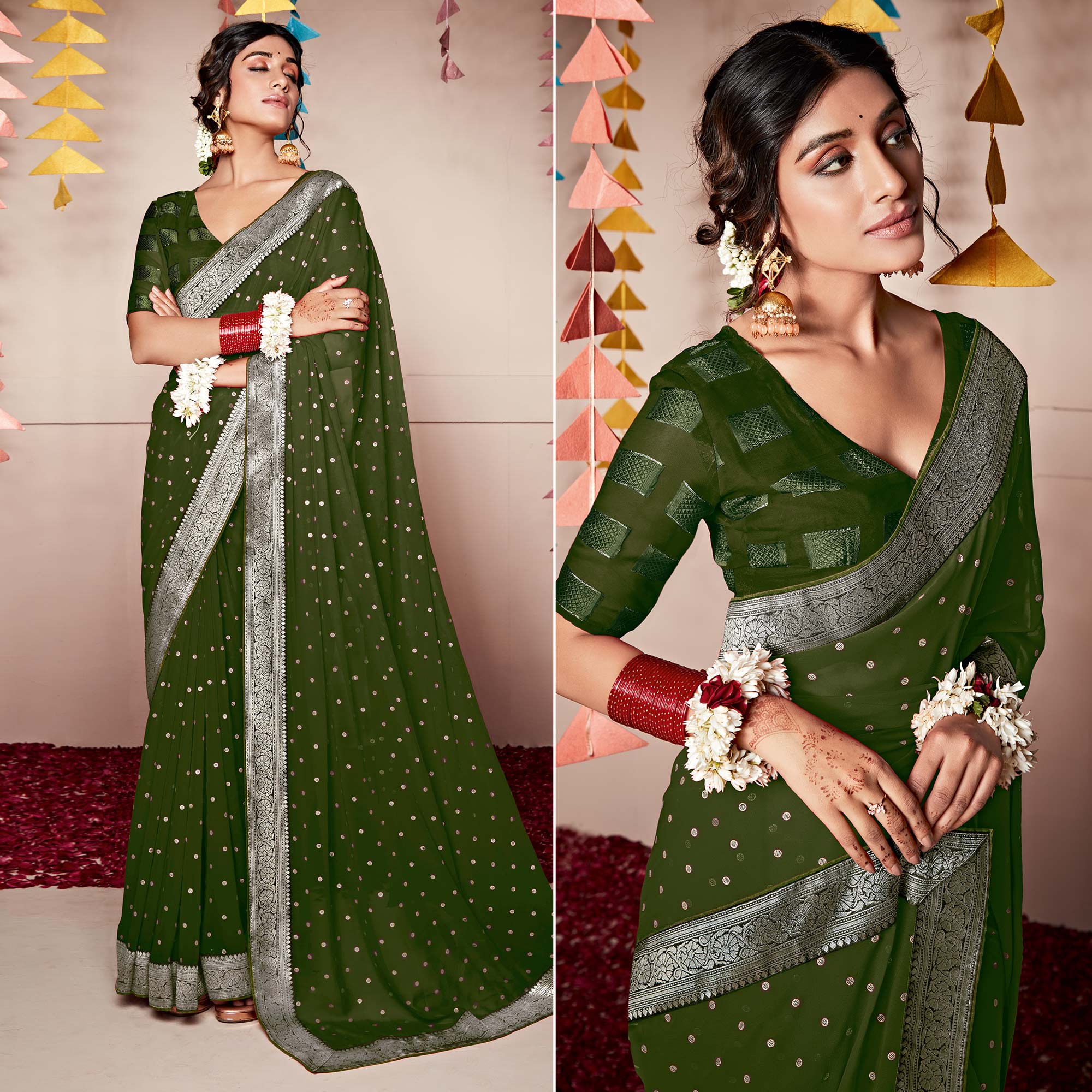 Green Foil Printed With Woven Border Georgette Saree