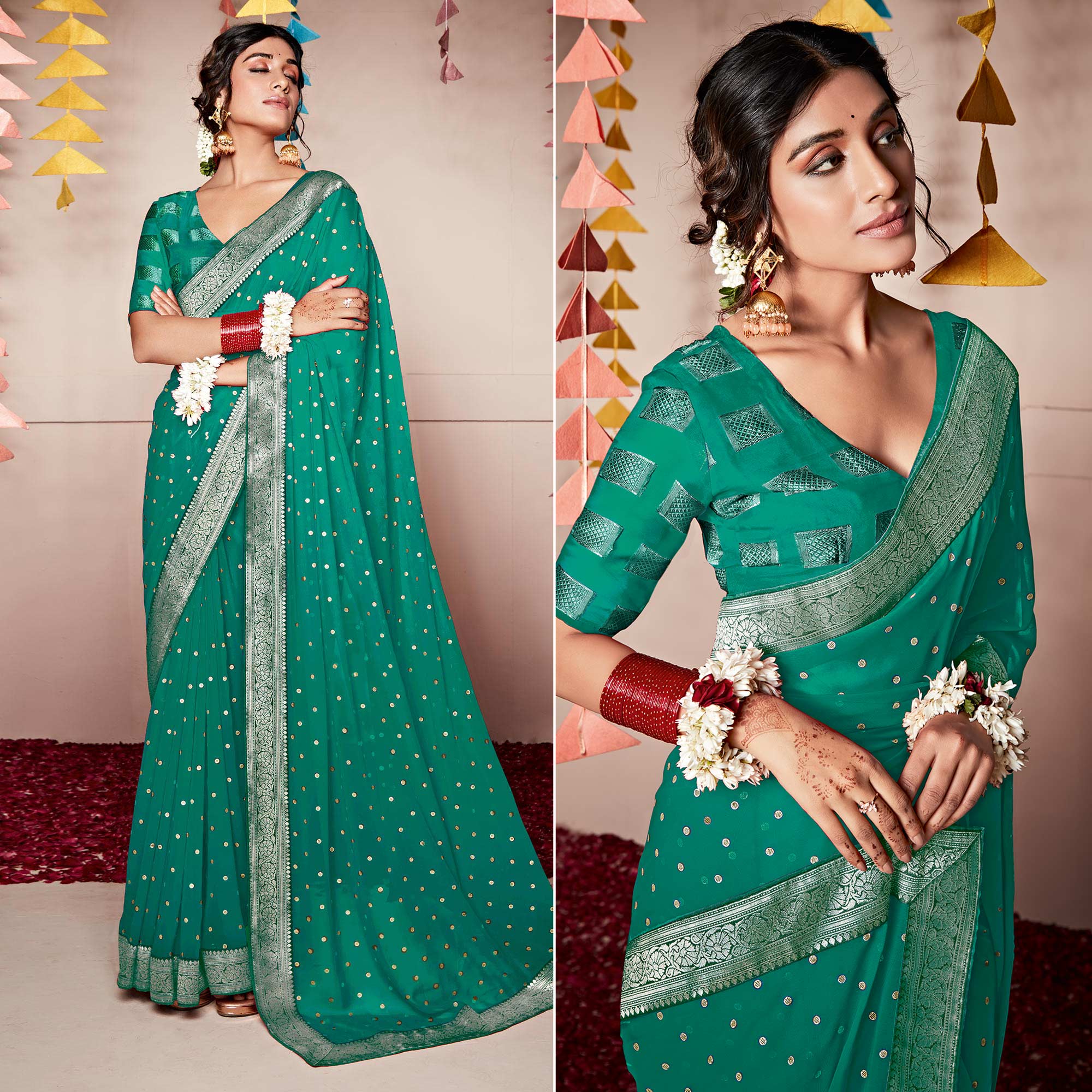 Rama Green Foil Printed With Woven Border Georgette Saree