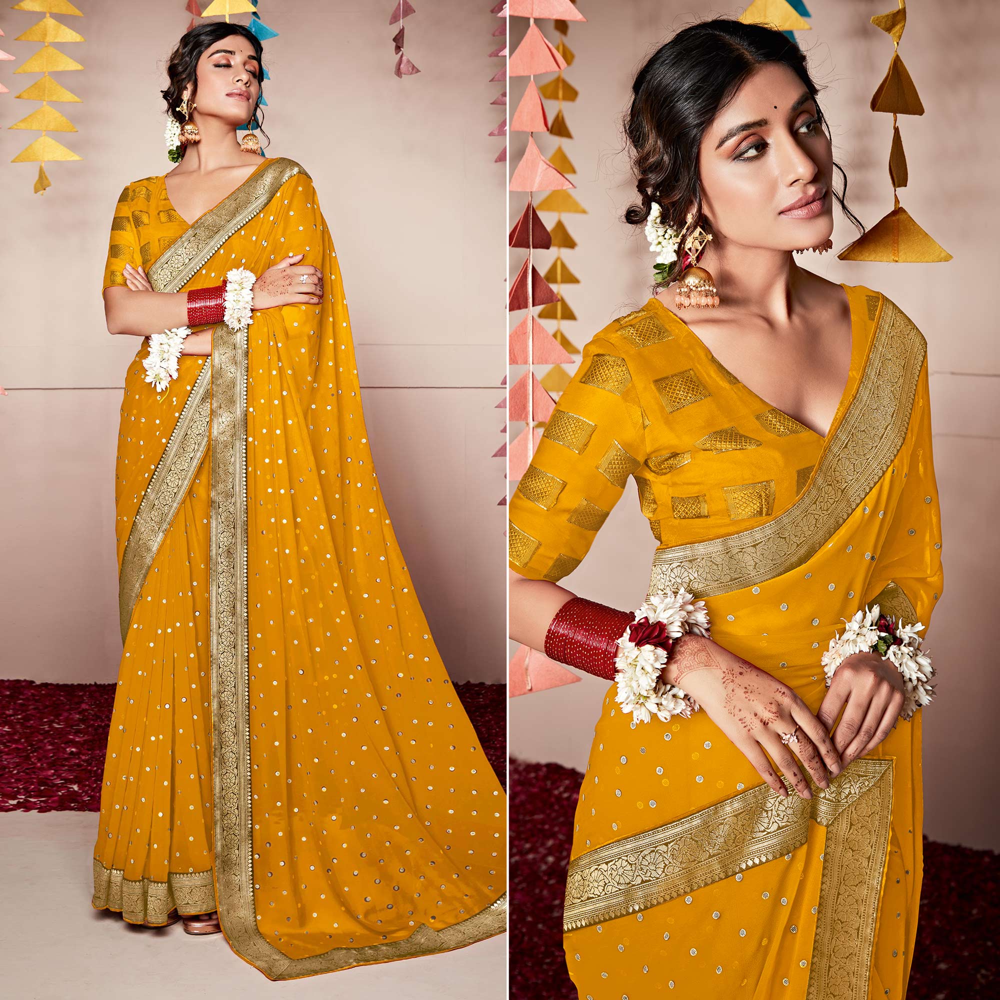 Mustard Foil Printed With Woven Border Georgette Saree