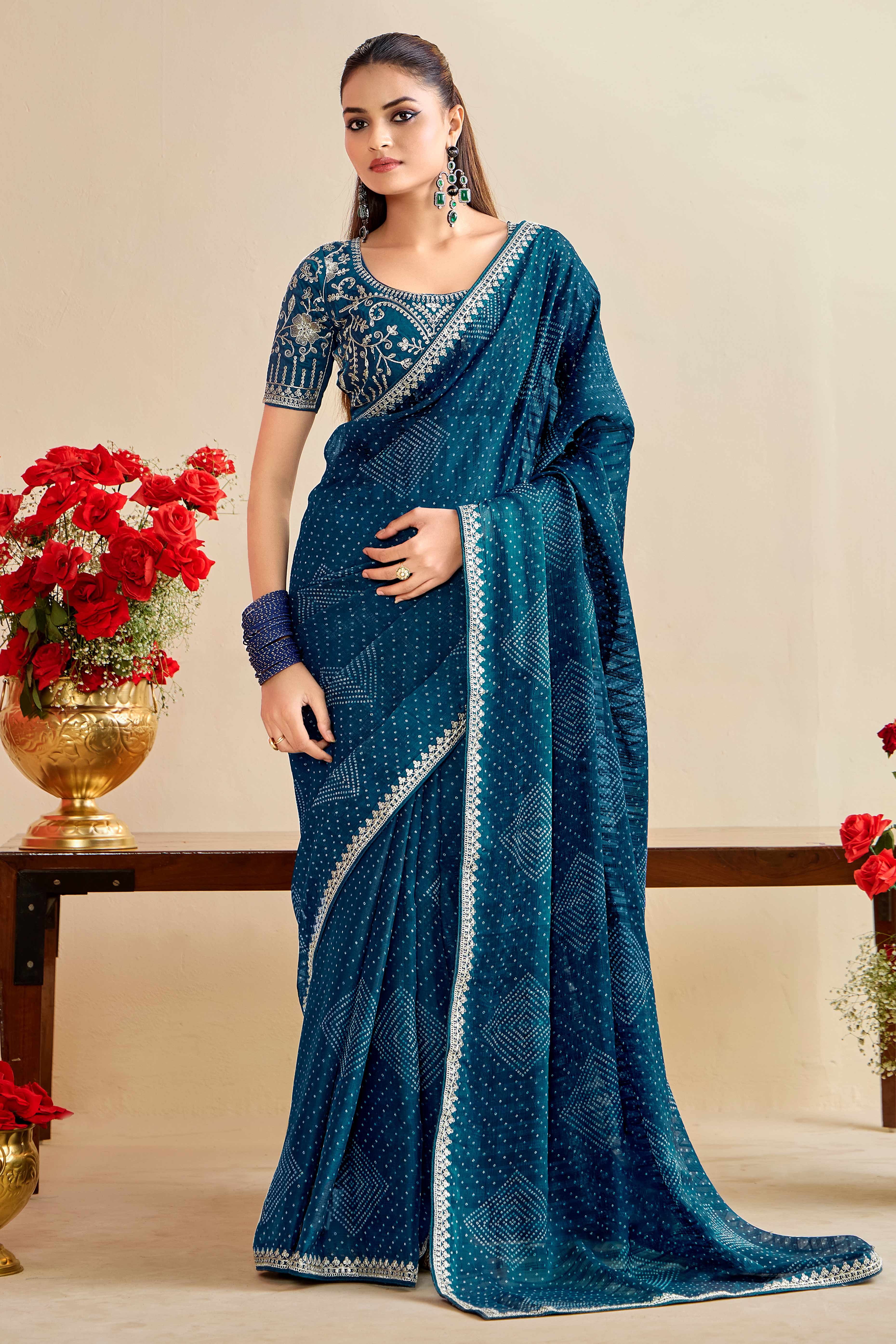 Dark Teal Blue Bandhani Printed Charm In Georgette With Sparkling Sequin Embroidered Border