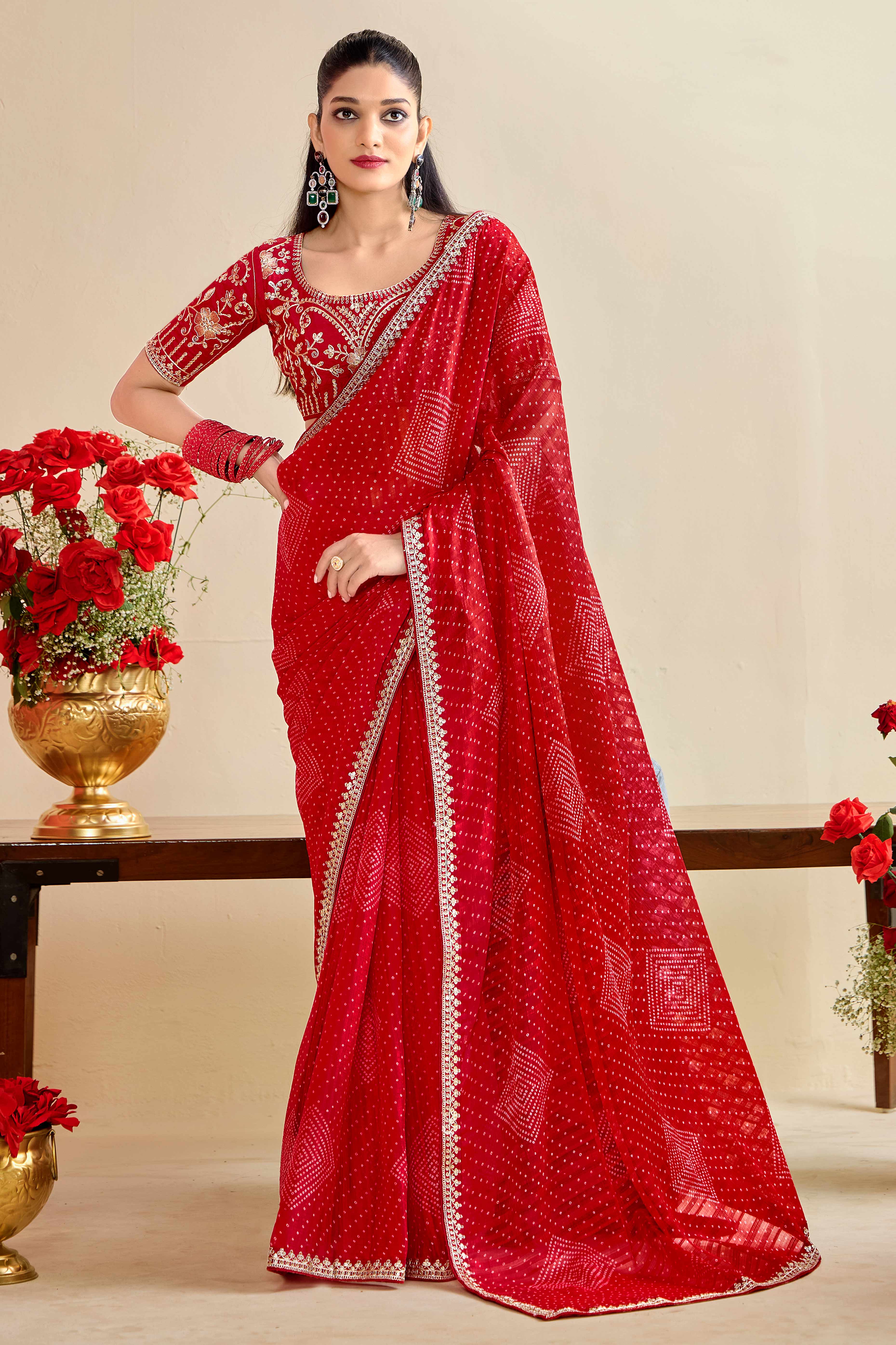 Bright Red Bandhani Printed Charm In Georgette With Sparkling Sequin Embroidered Border