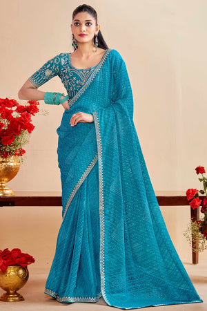 Blue Bandhani Printed Charm In Georgette With Sparkling Sequin Embroidered Border