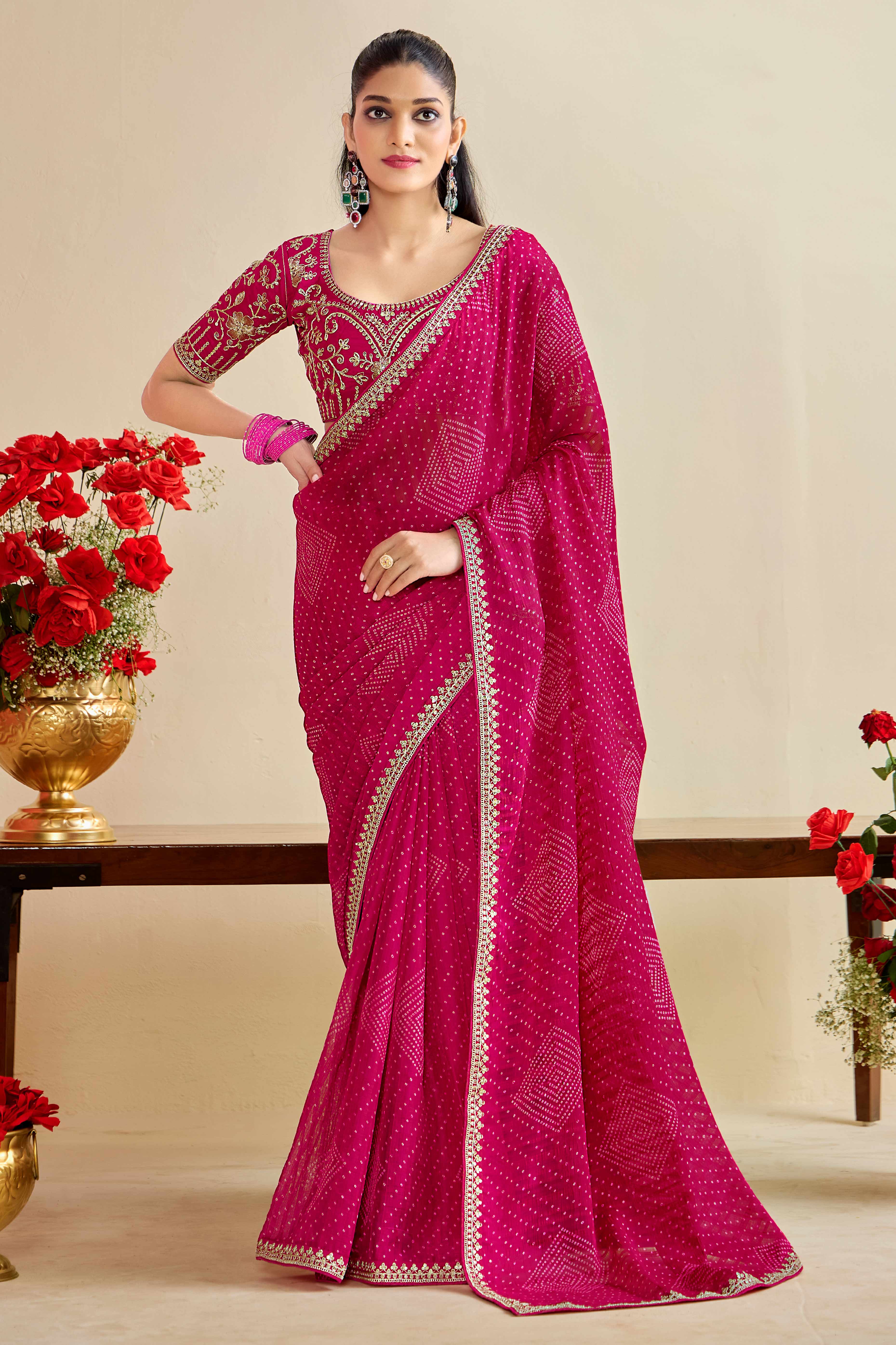 Rani Pink Bandhani Printed Charm In Georgette With Sparkling Sequin Embroidered Border