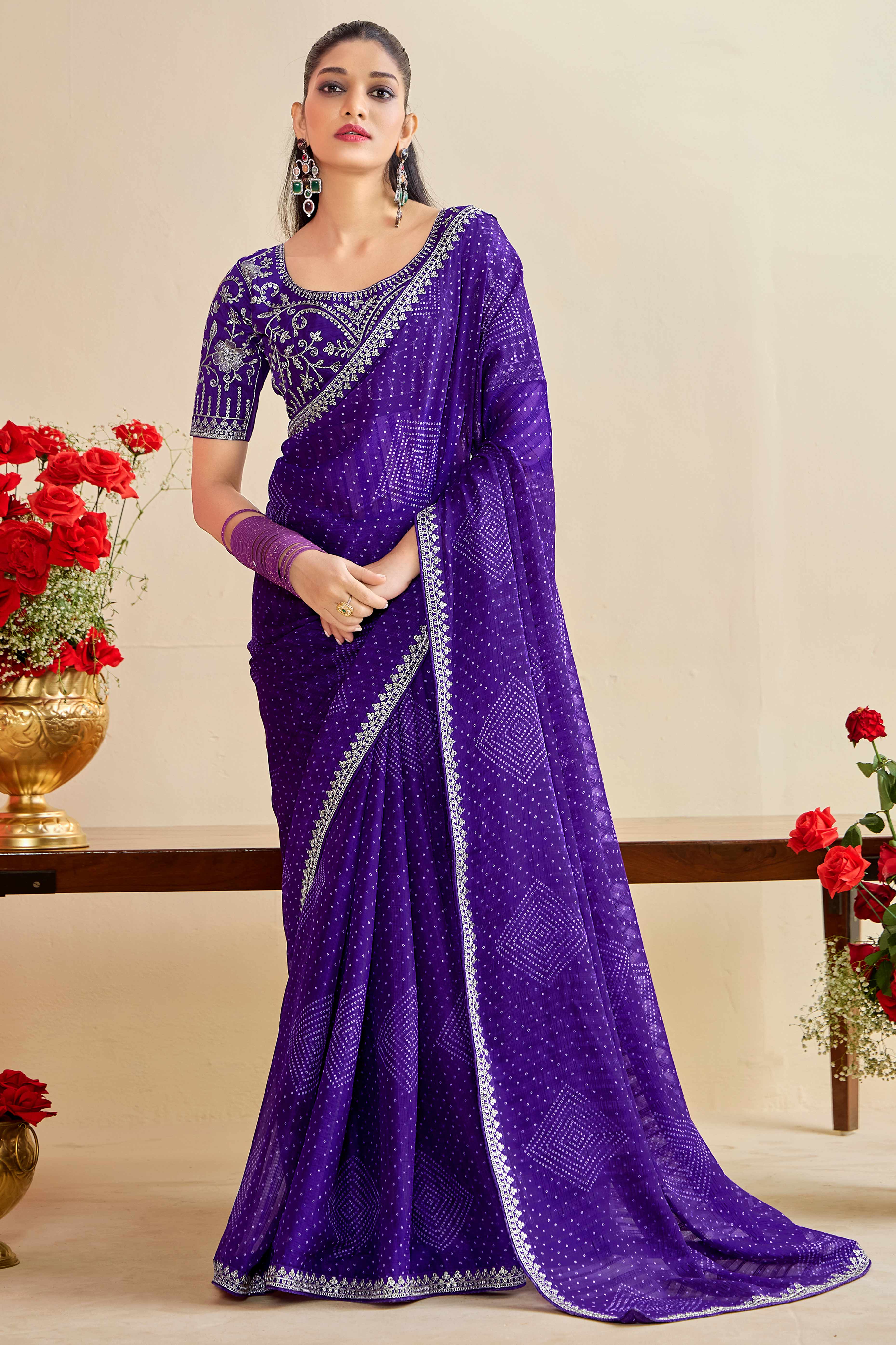 Royal Purple Bandhani Printed Charm In Georgette With Sparkling Sequin Embroidered Border