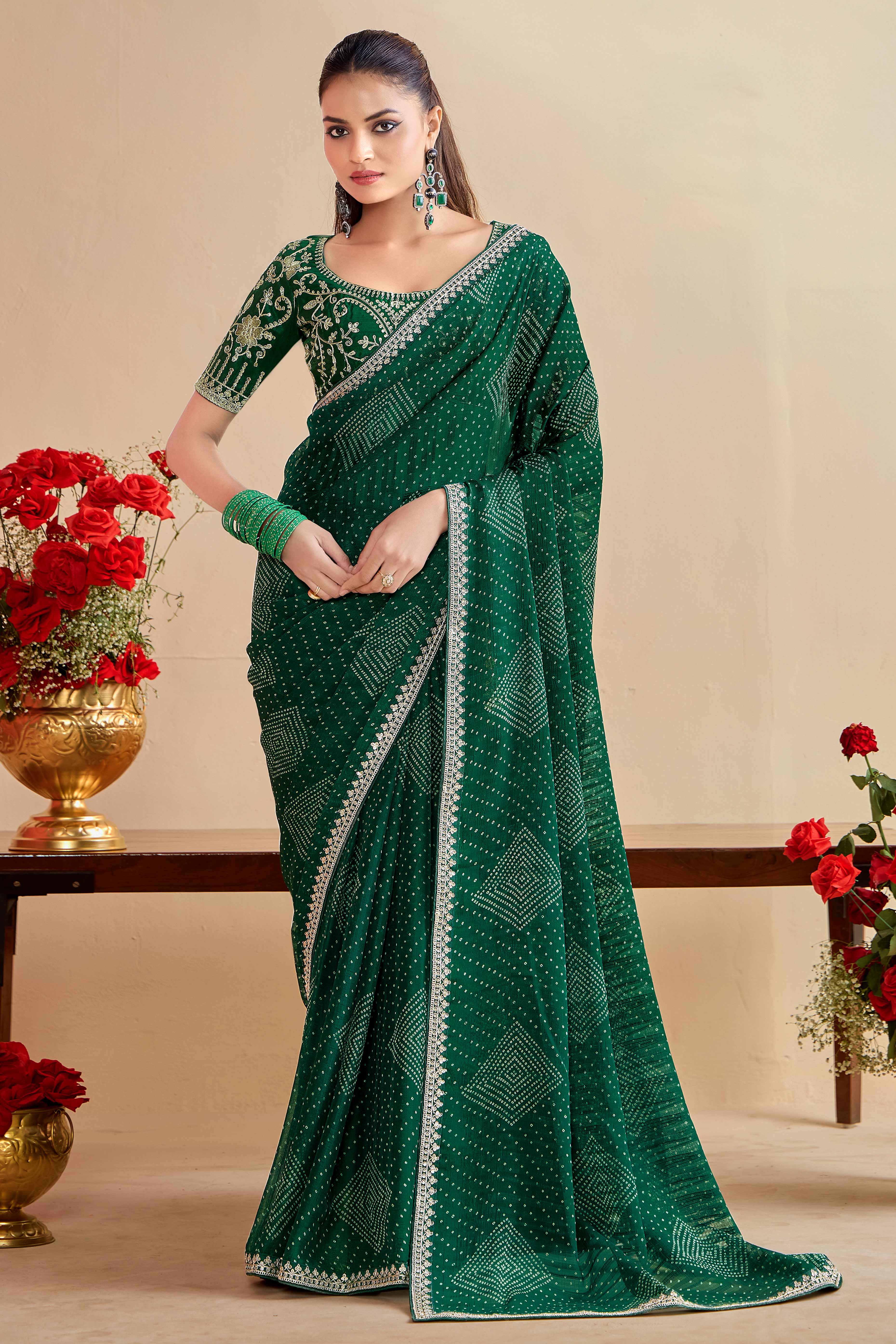 Bottle Green Bandhani Printed Charm In Georgette With Sparkling Sequin Embroidered Border
