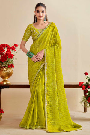 Lime Green Bandhani Printed Charm In Georgette With Sparkling Sequin Embroidered Border