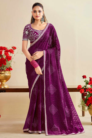 Wine Bandhani Printed Charm In Georgette With Sparkling Sequin Embroidered Border