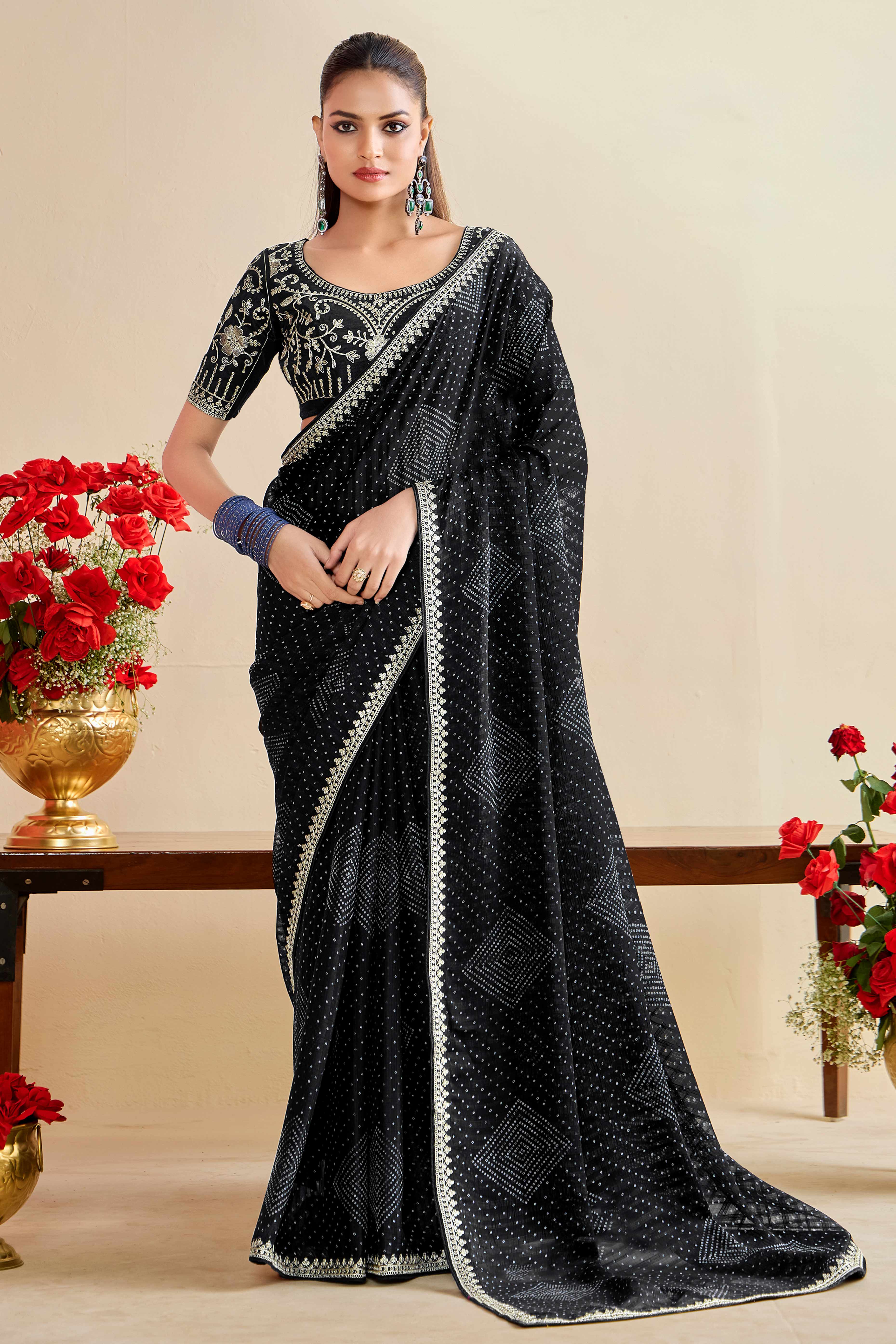 Black Bandhani Printed Charm In Georgette With Sparkling Sequin Embroidered Border