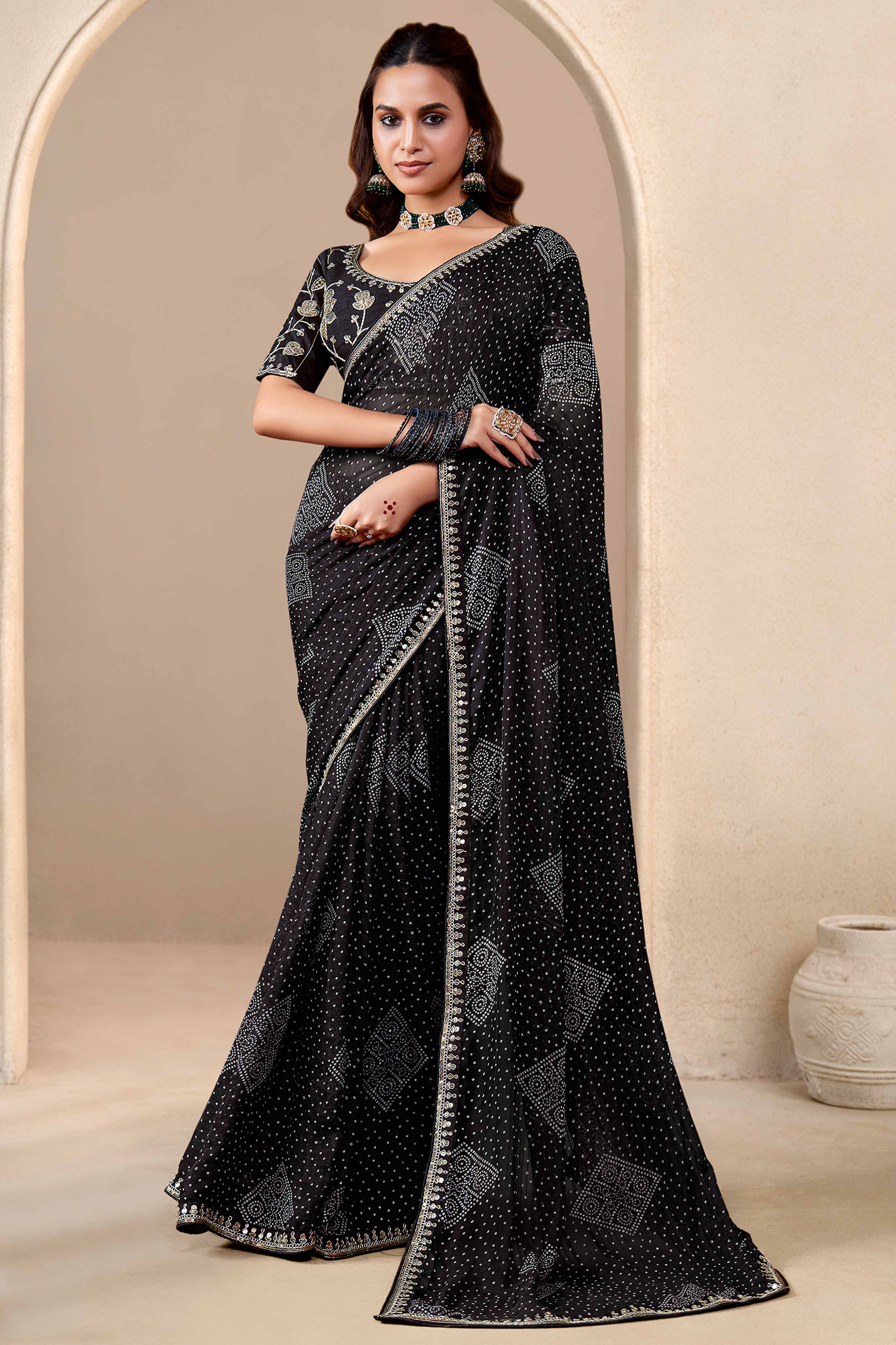 Black Bandhani Printed Georgette Saree Enhanced With Sequins & Cording Embroidered Lace Border