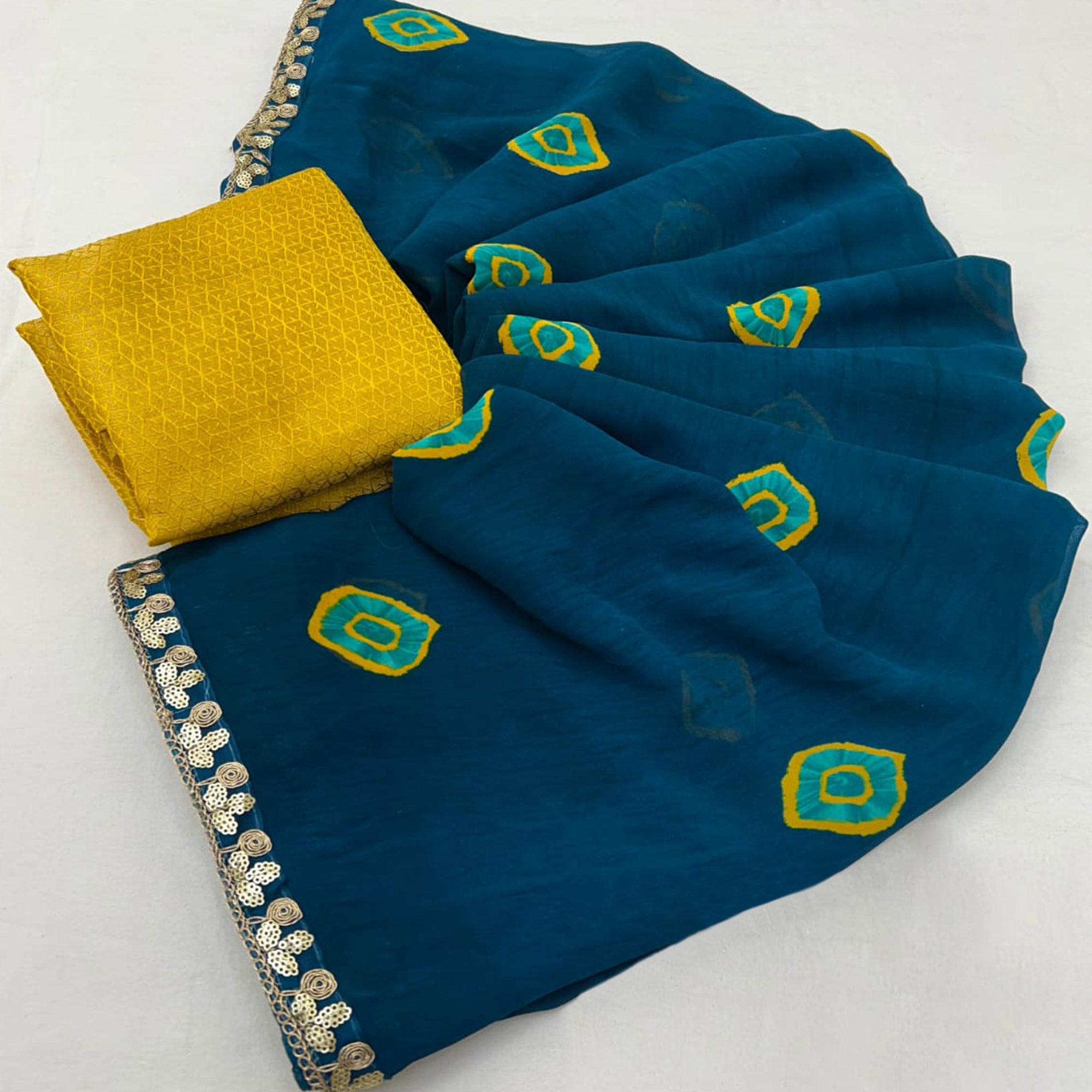 Teal Bandhani Printed Georgette Saree With Sequins Border