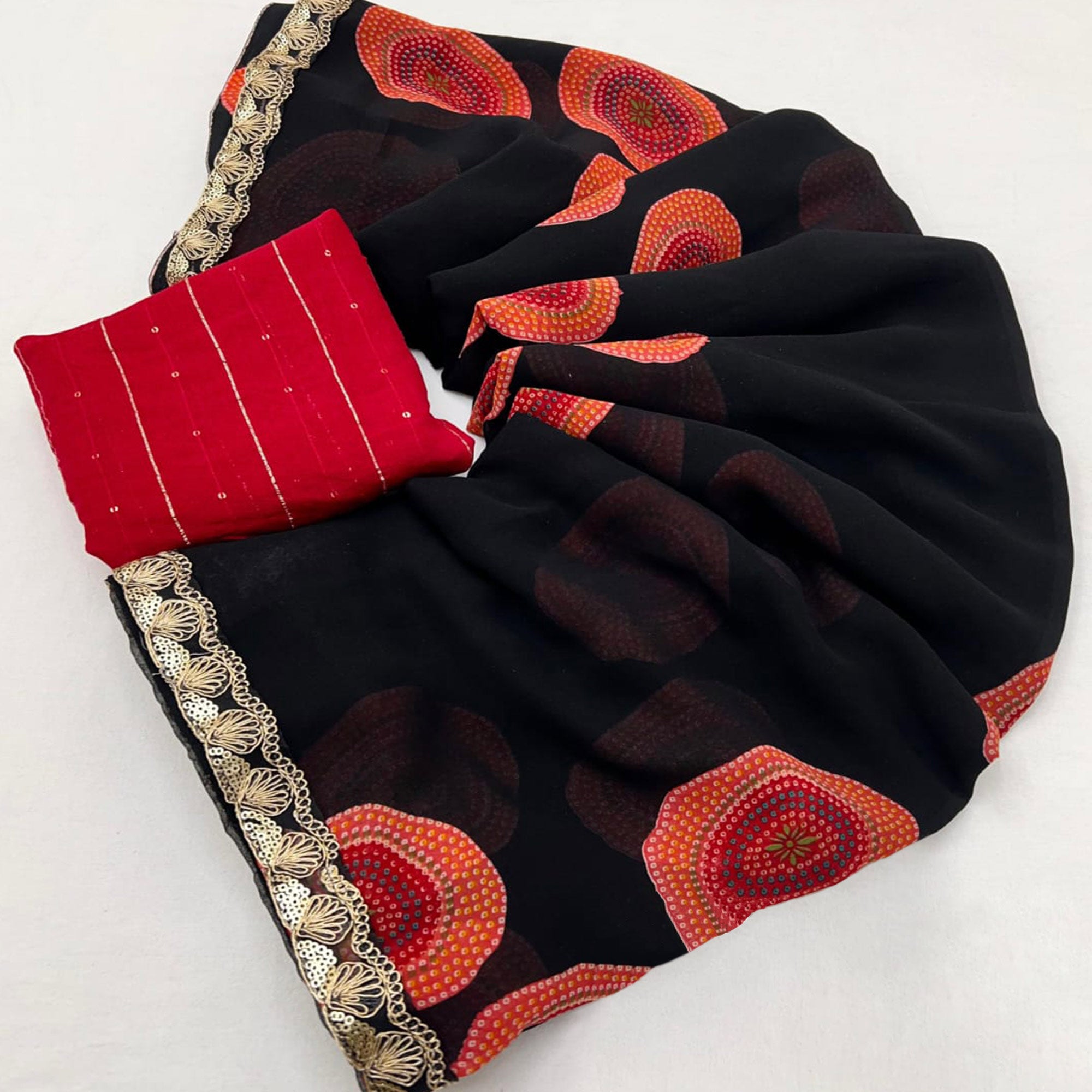 Black Bandhani Printed Georgette Saree With Sequins Border
