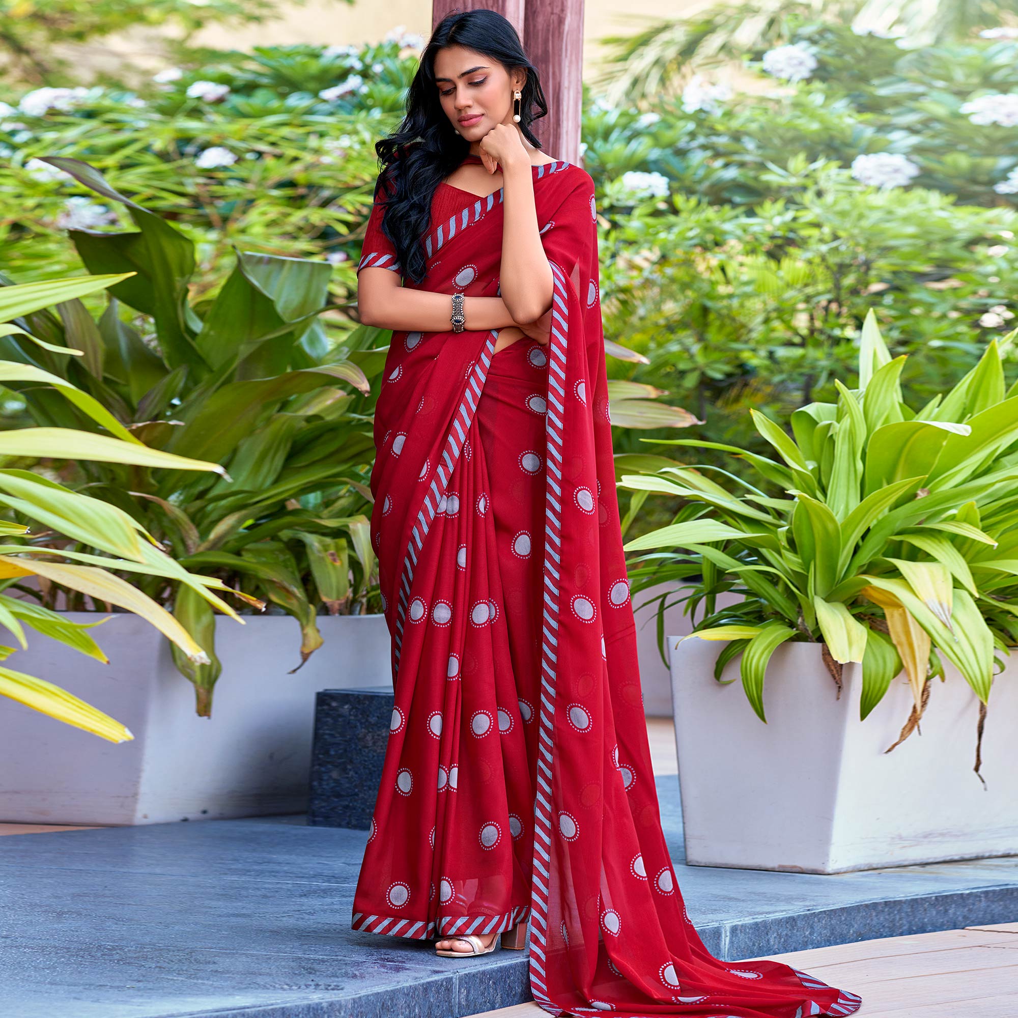 Red Printed Georgette Saree