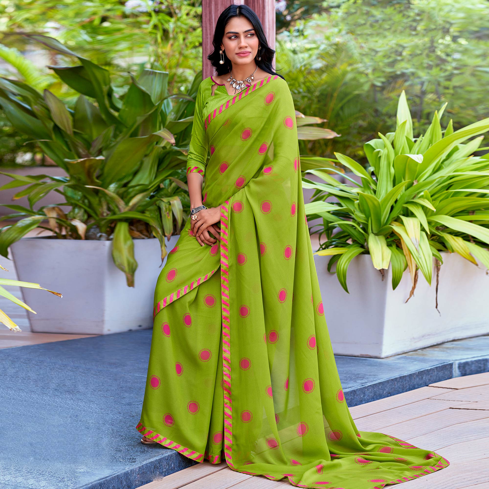 Green Printed Georgette Saree