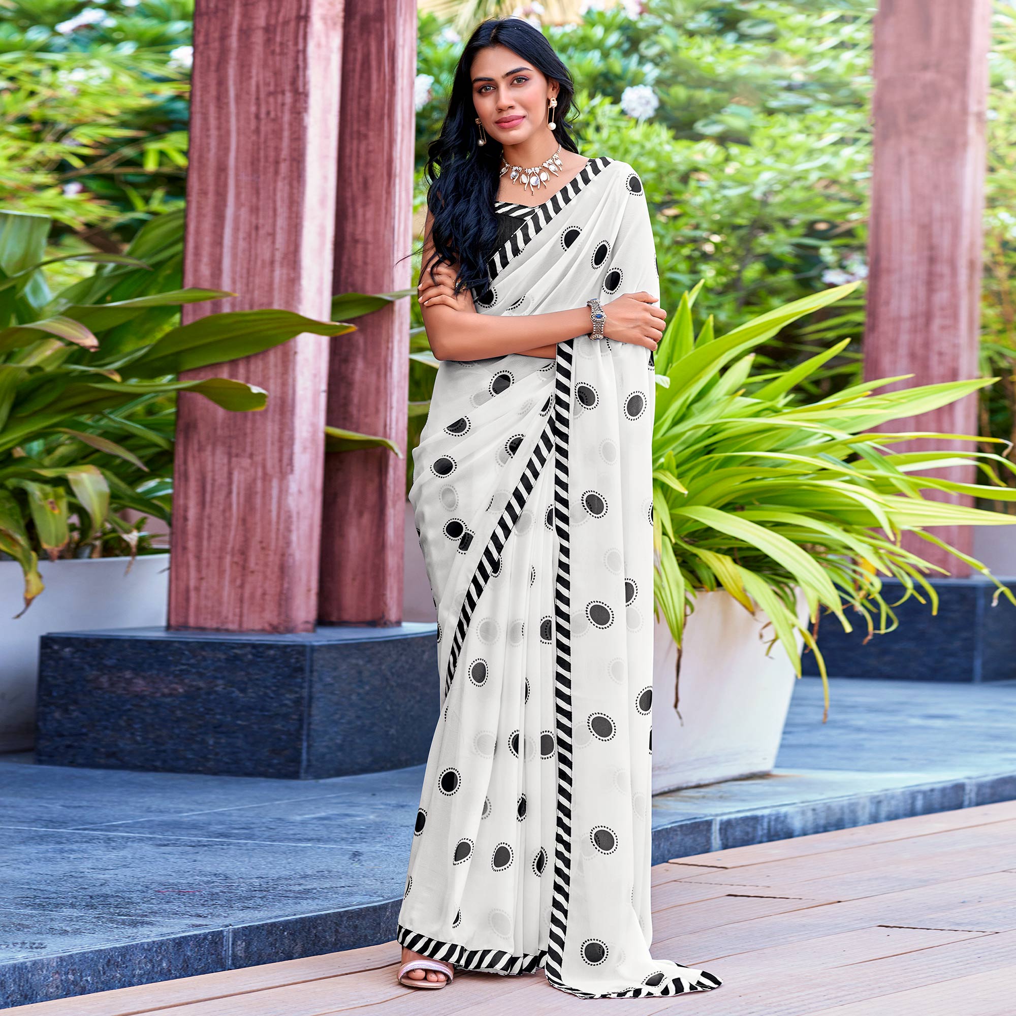 White Printed Georgette Saree