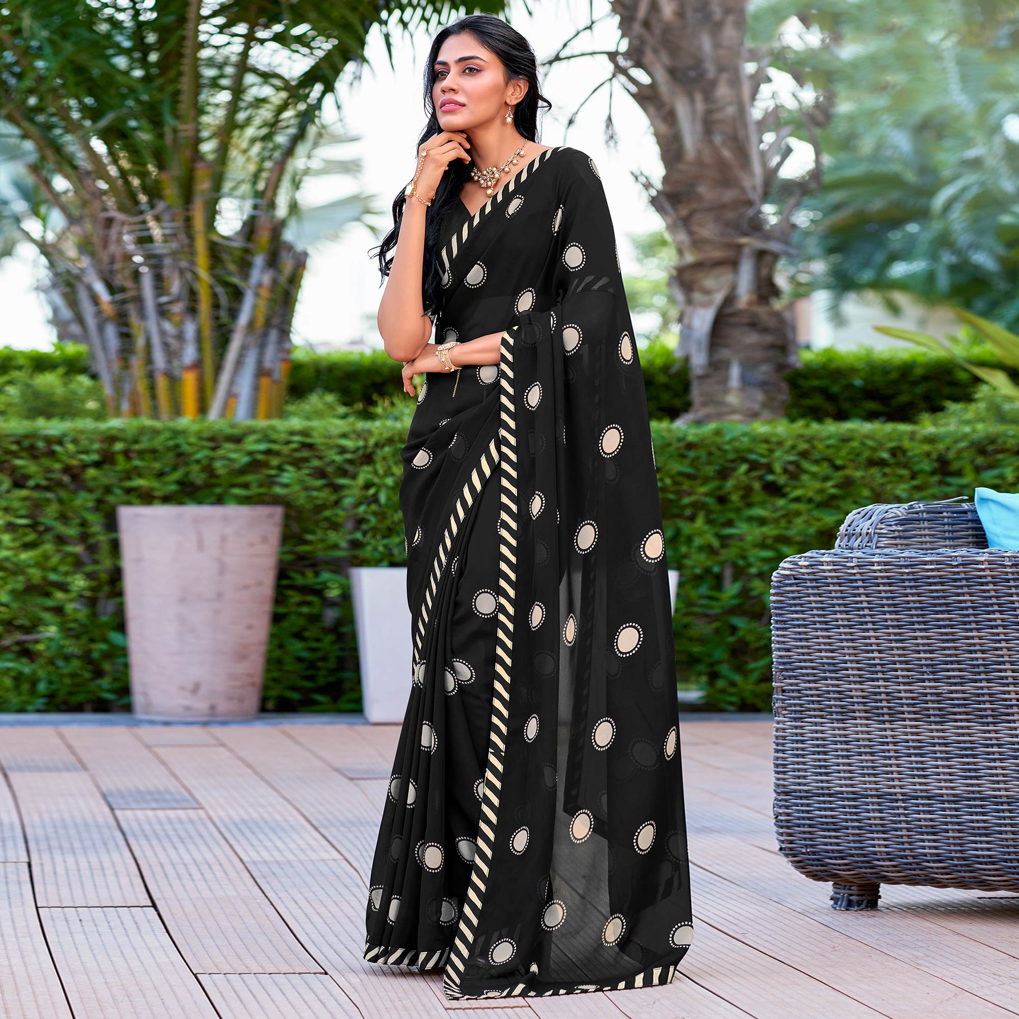 Black Printed Georgette Saree