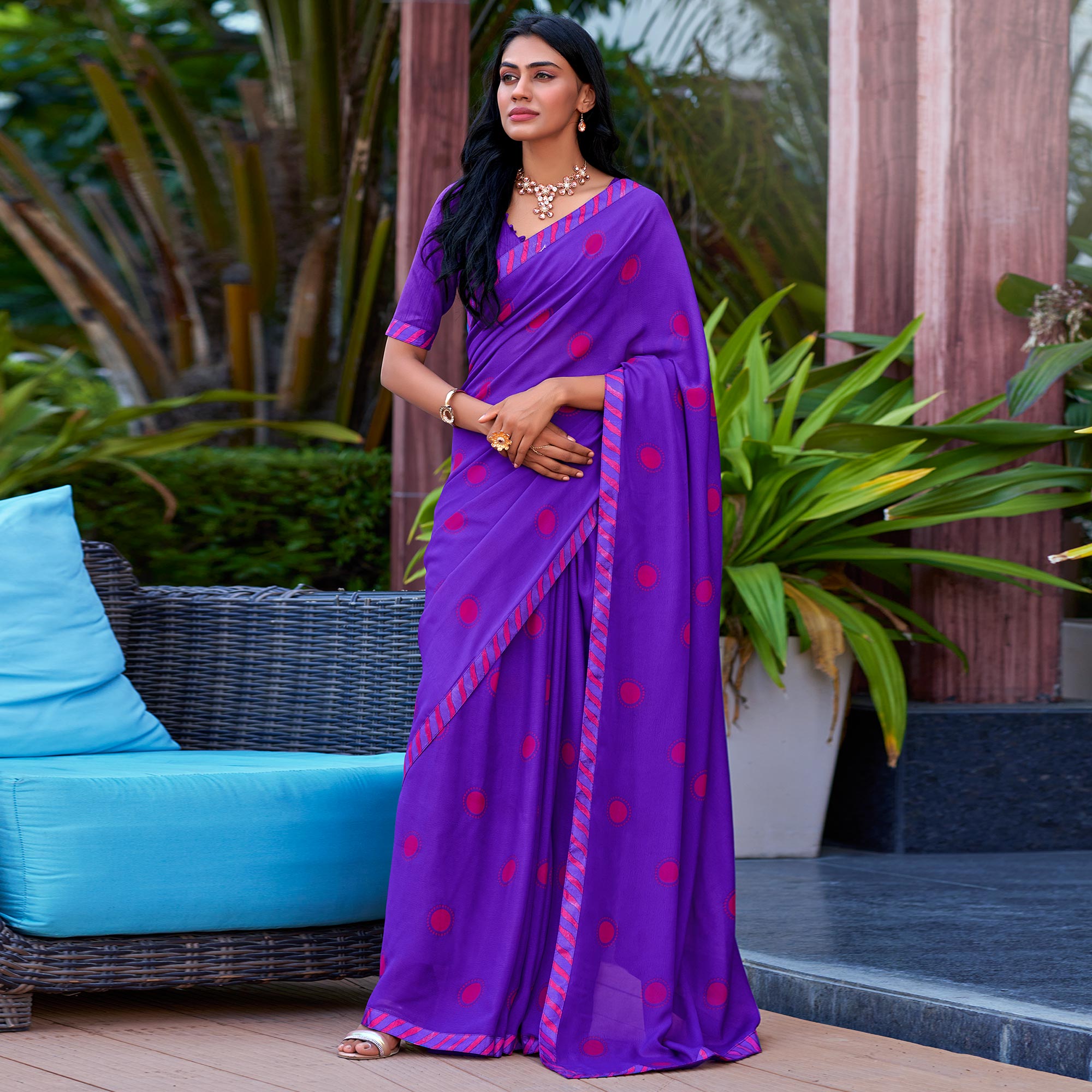 Purple Printed Georgette Saree