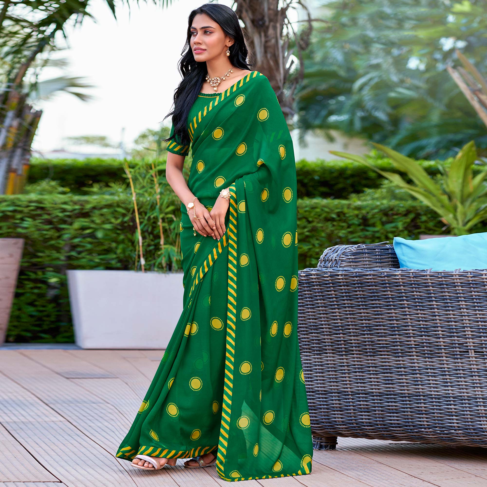 Dark Green Printed Georgette Saree