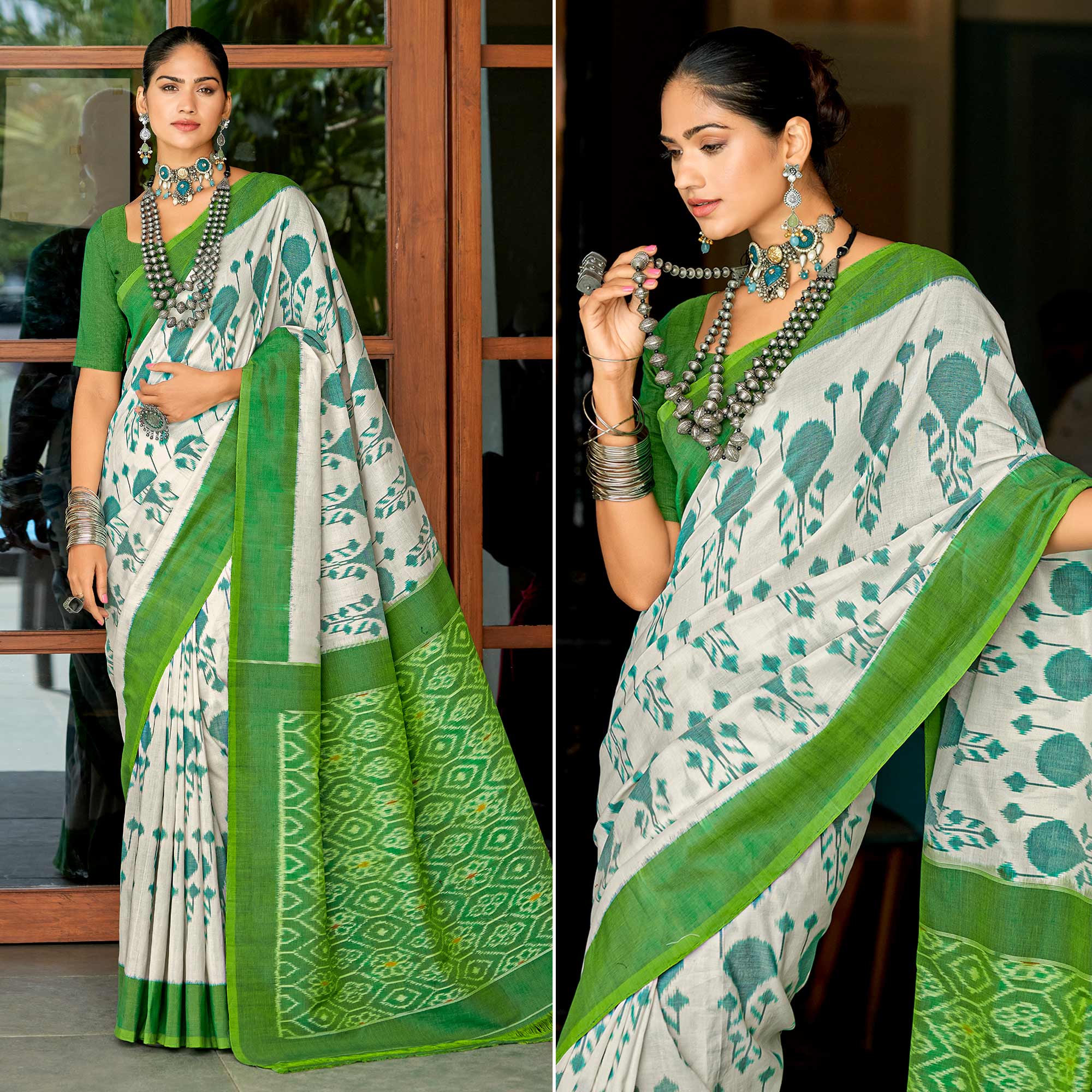 White & Green Ikkat Printed Mulmul Cotton Saree