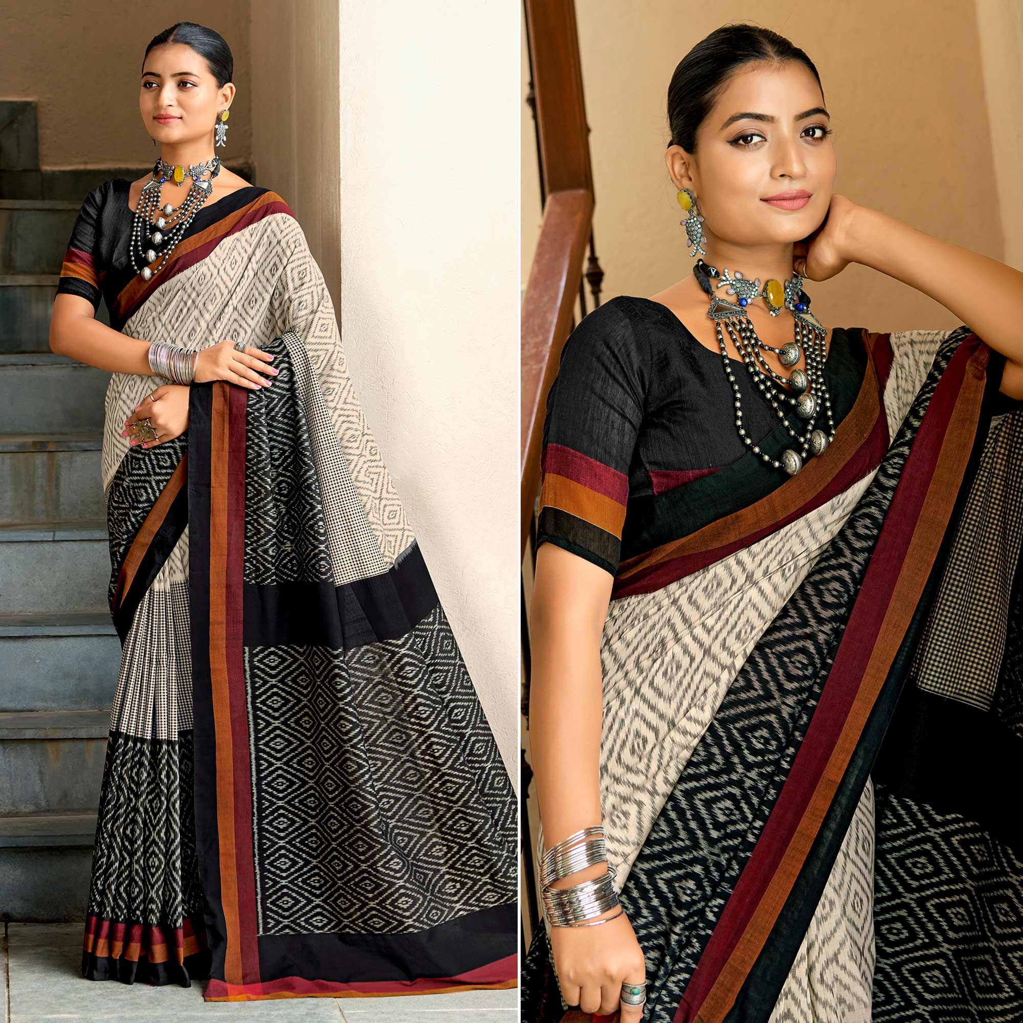 Beige & Black Ikkat Printed Mulmul Cotton Saree