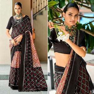 Black & Peach Ikkat Printed Mulmul Cotton Saree