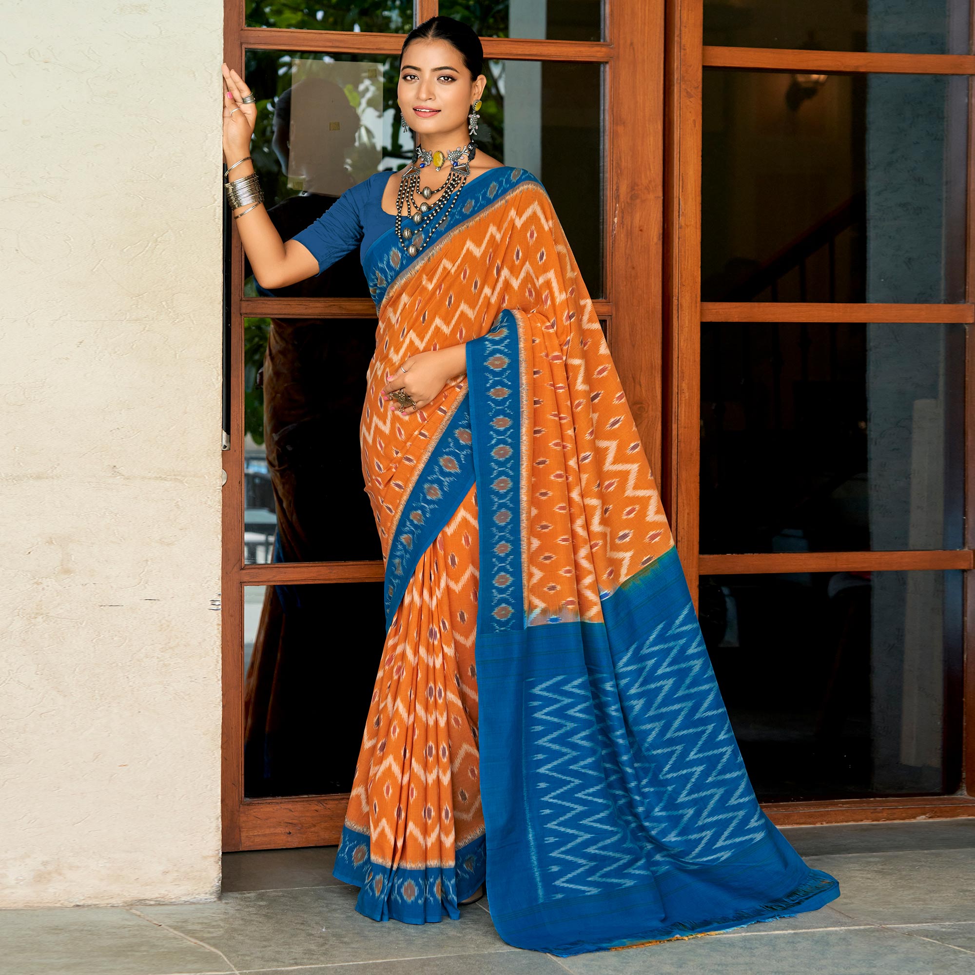 Orange & Blue Ikkat Printed Mulmul Cotton Saree