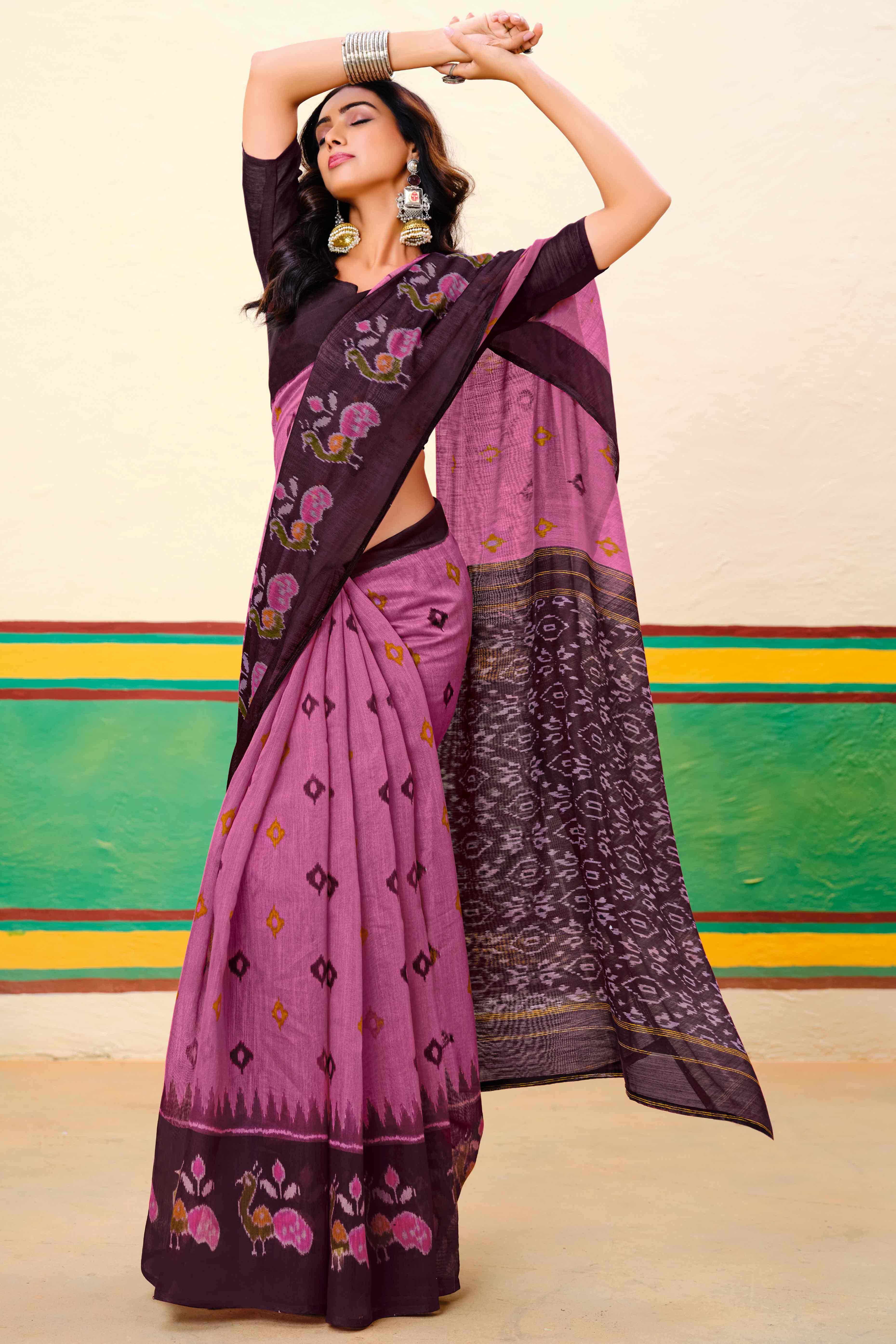 Pink Ikkat Printed Mulmul Cotton Saree