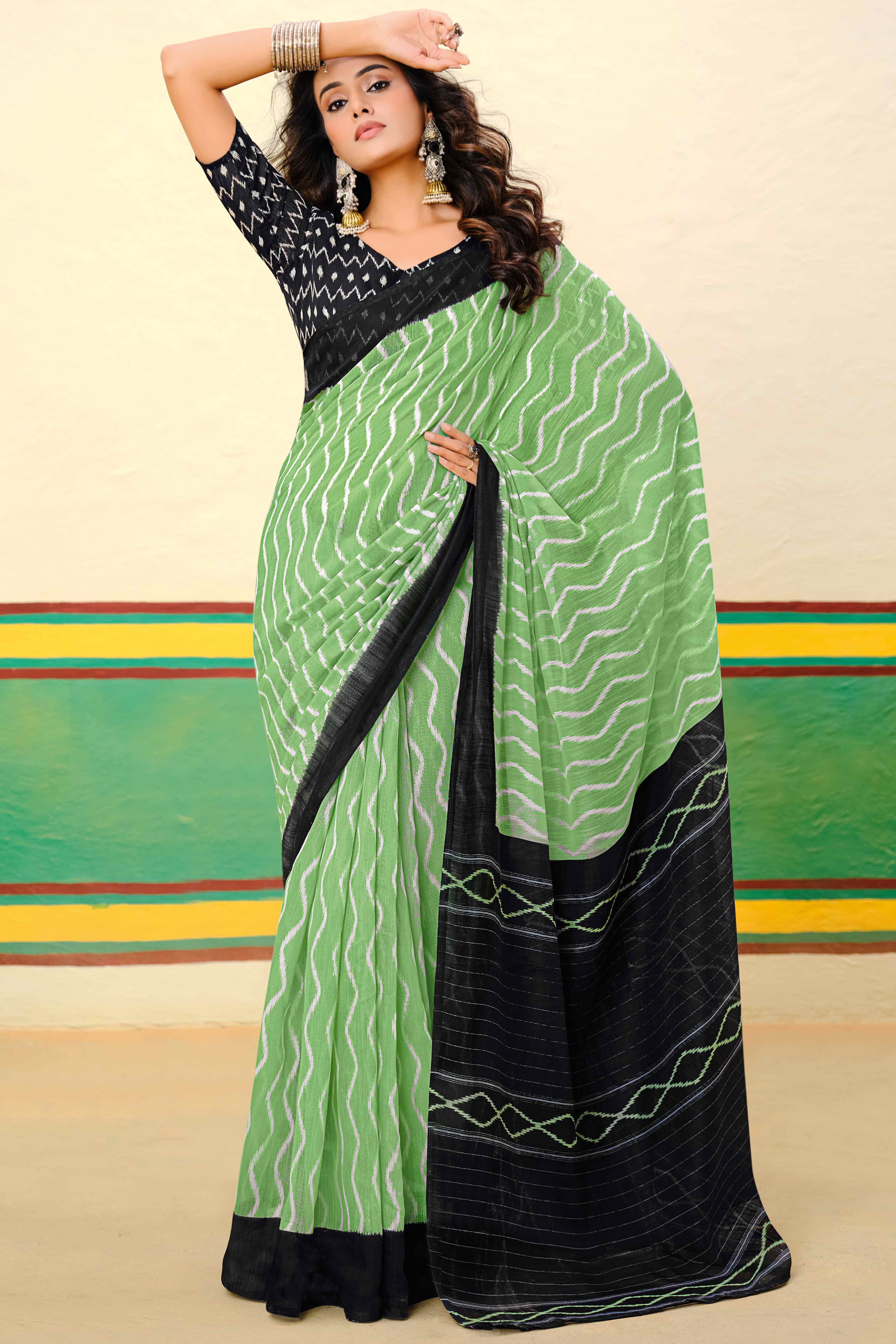 Green Ikkat Printed Mulmul Cotton Saree