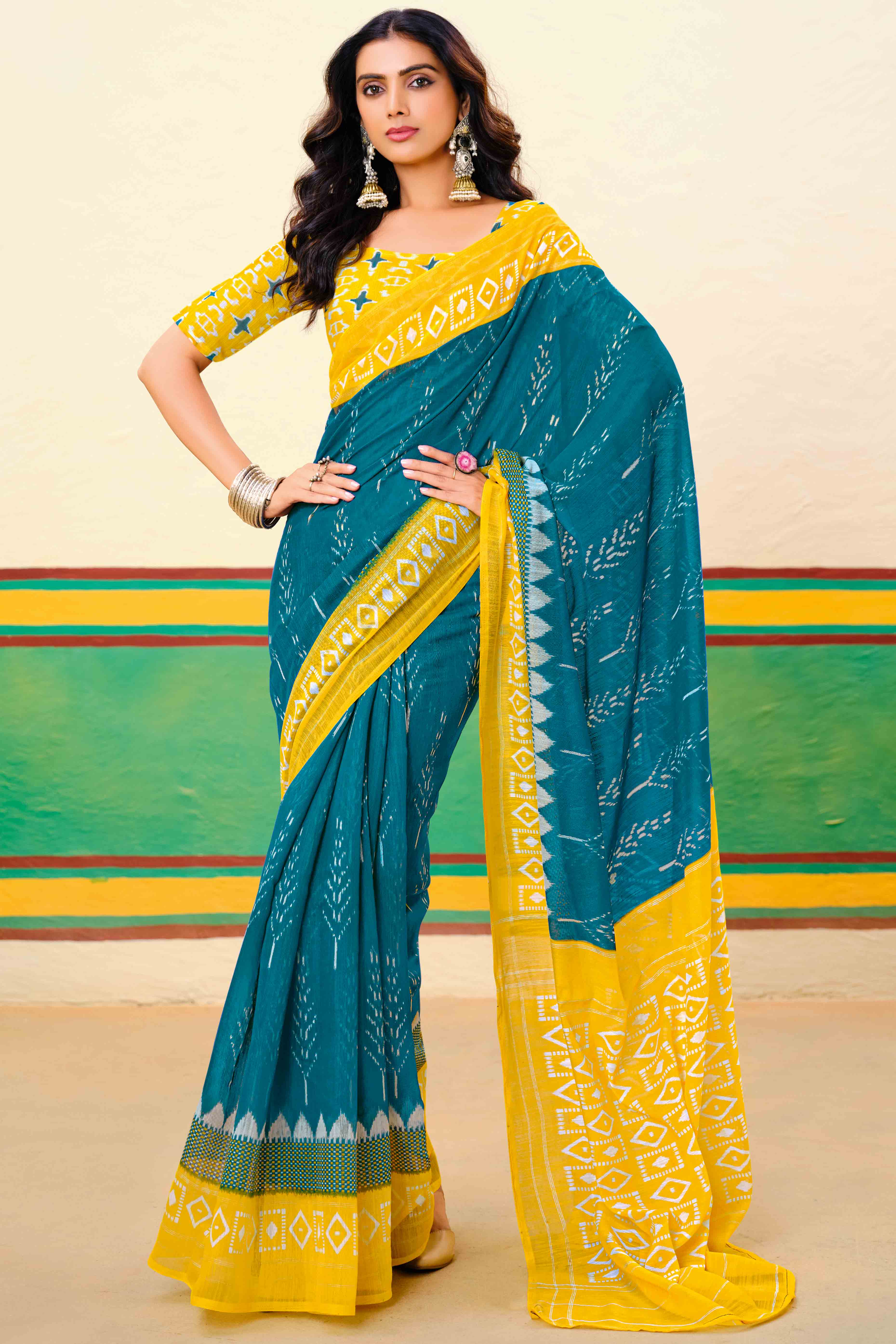 Teal Ikkat Printed Mulmul Cotton Saree