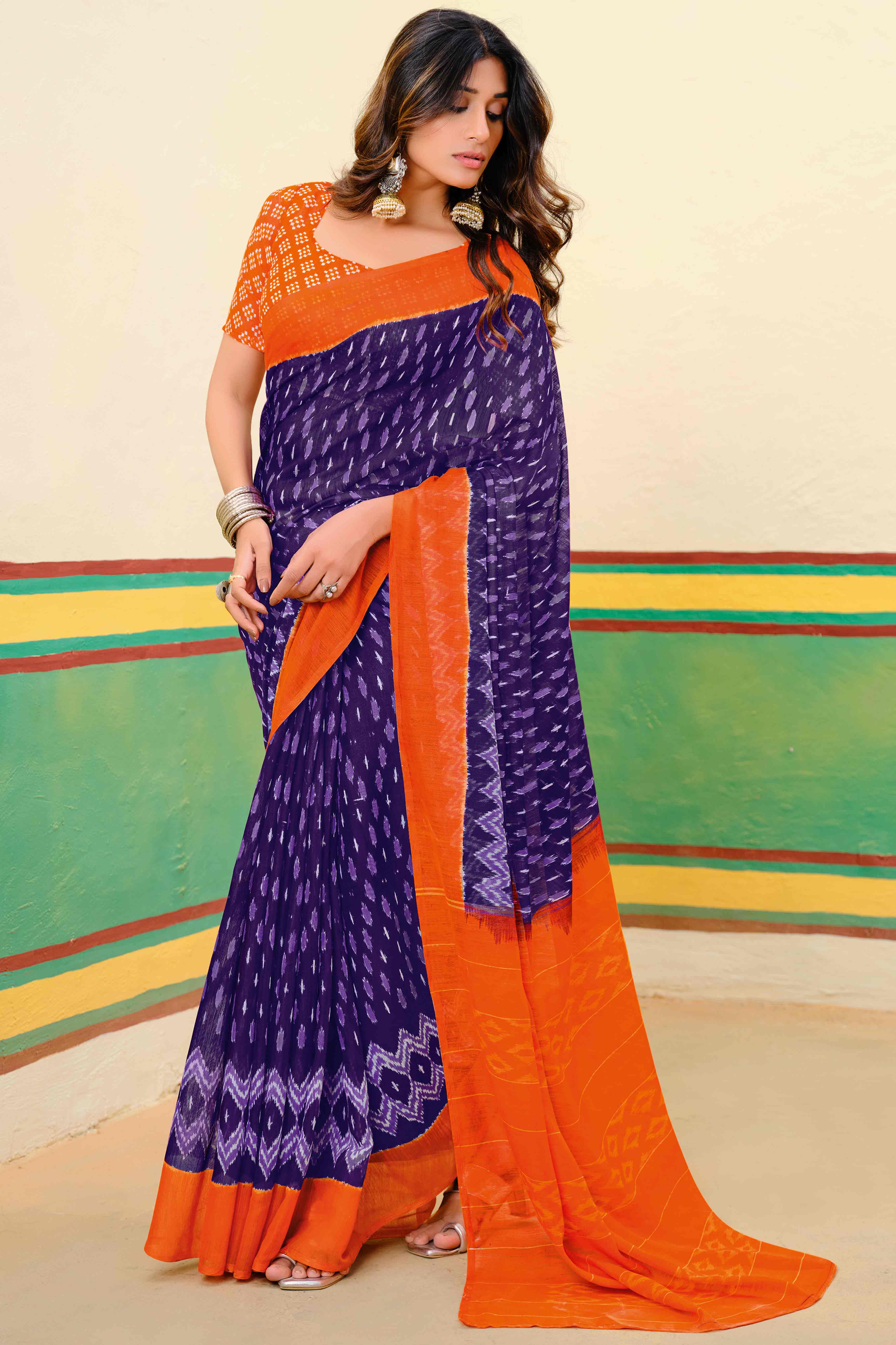 Purple Ikkat Printed Mulmul Cotton Saree