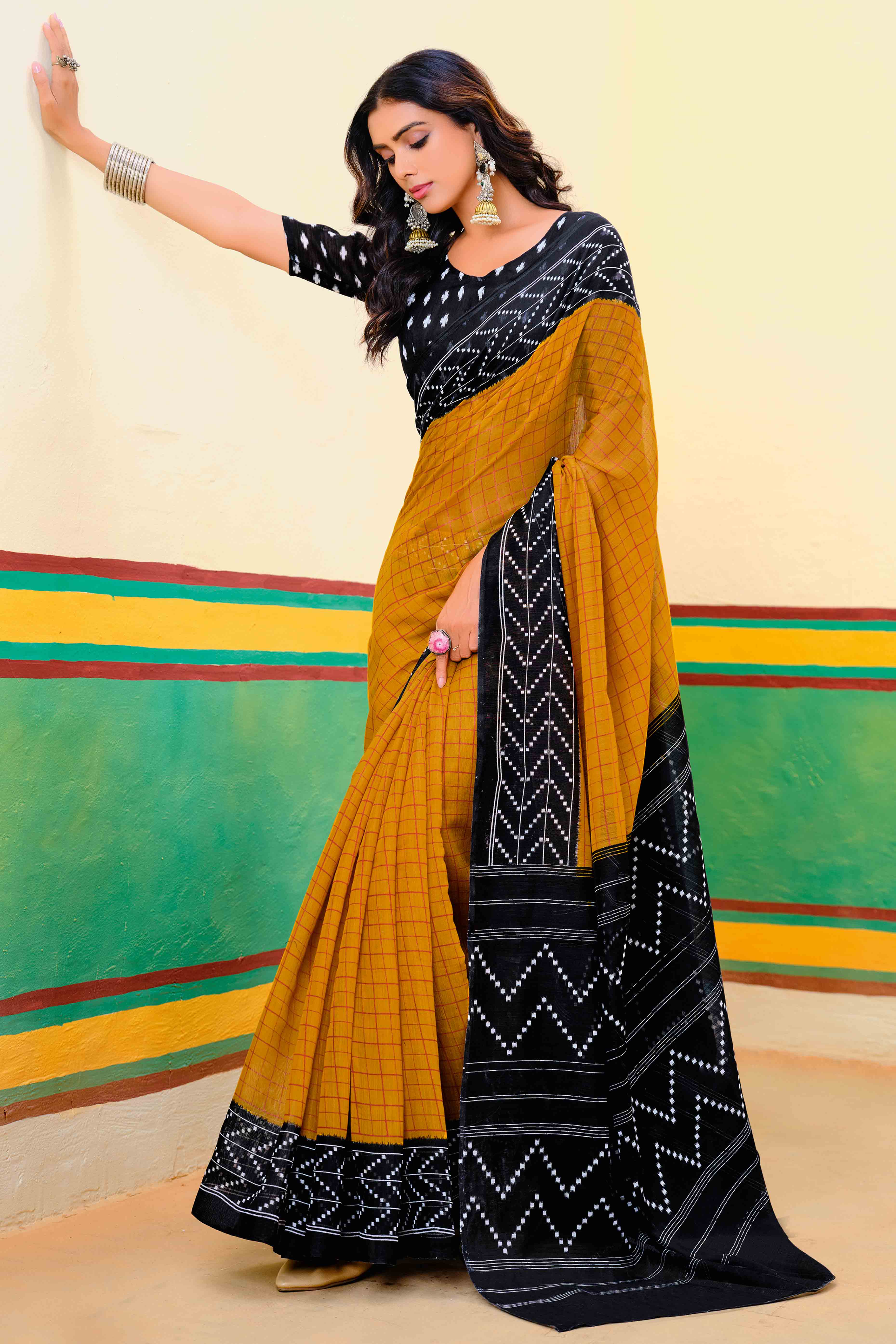 Mustard Ikkat Printed Mulmul Cotton Saree