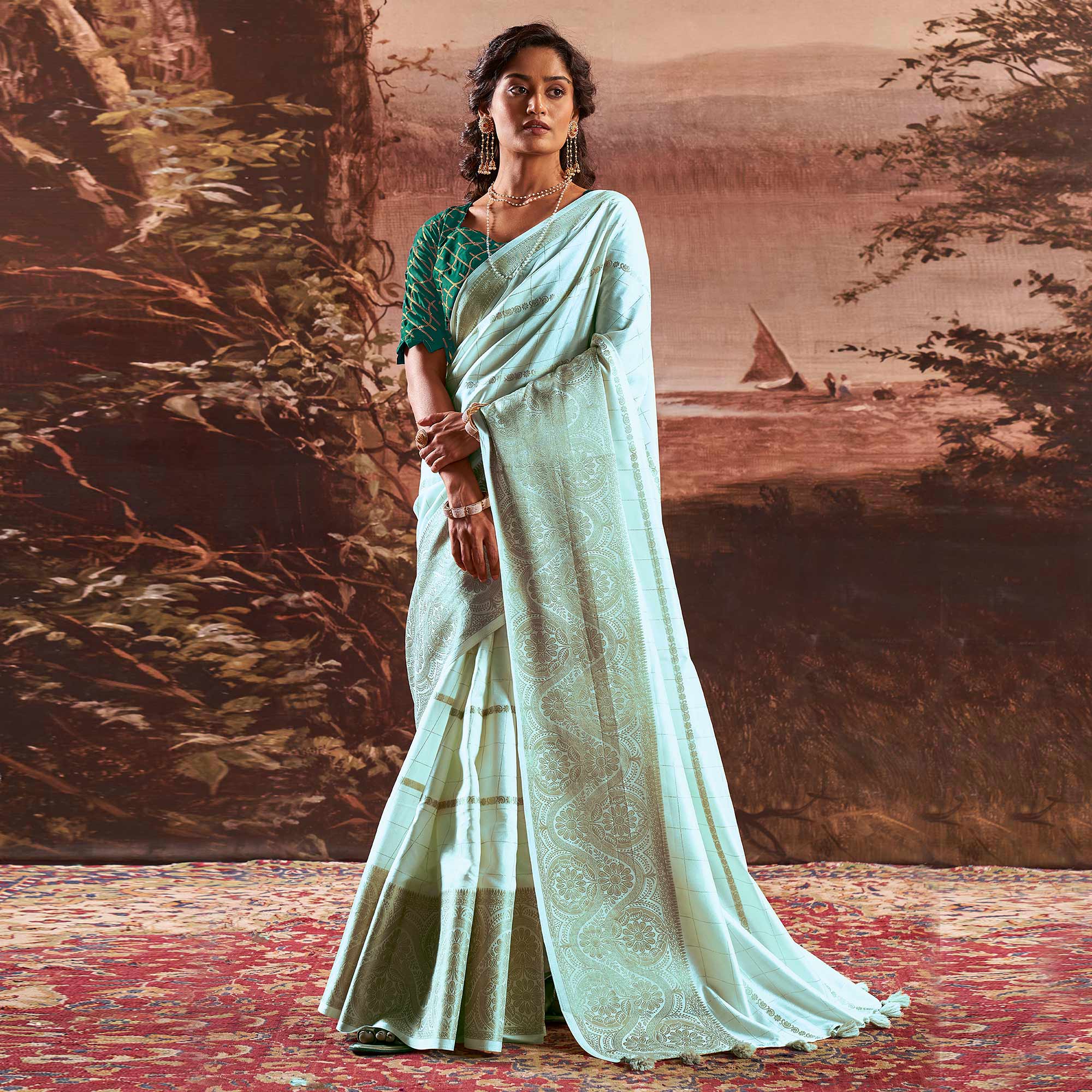 Turquoise Woven Cotton Silk Saree