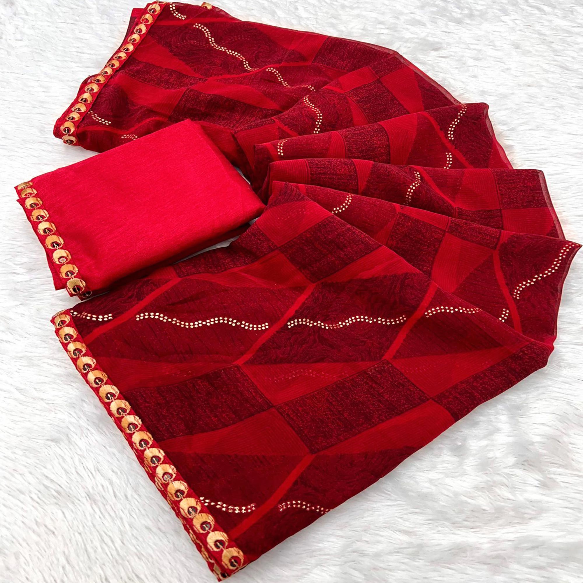 Pinkish Red Soft Crush Georgette Printed Saree