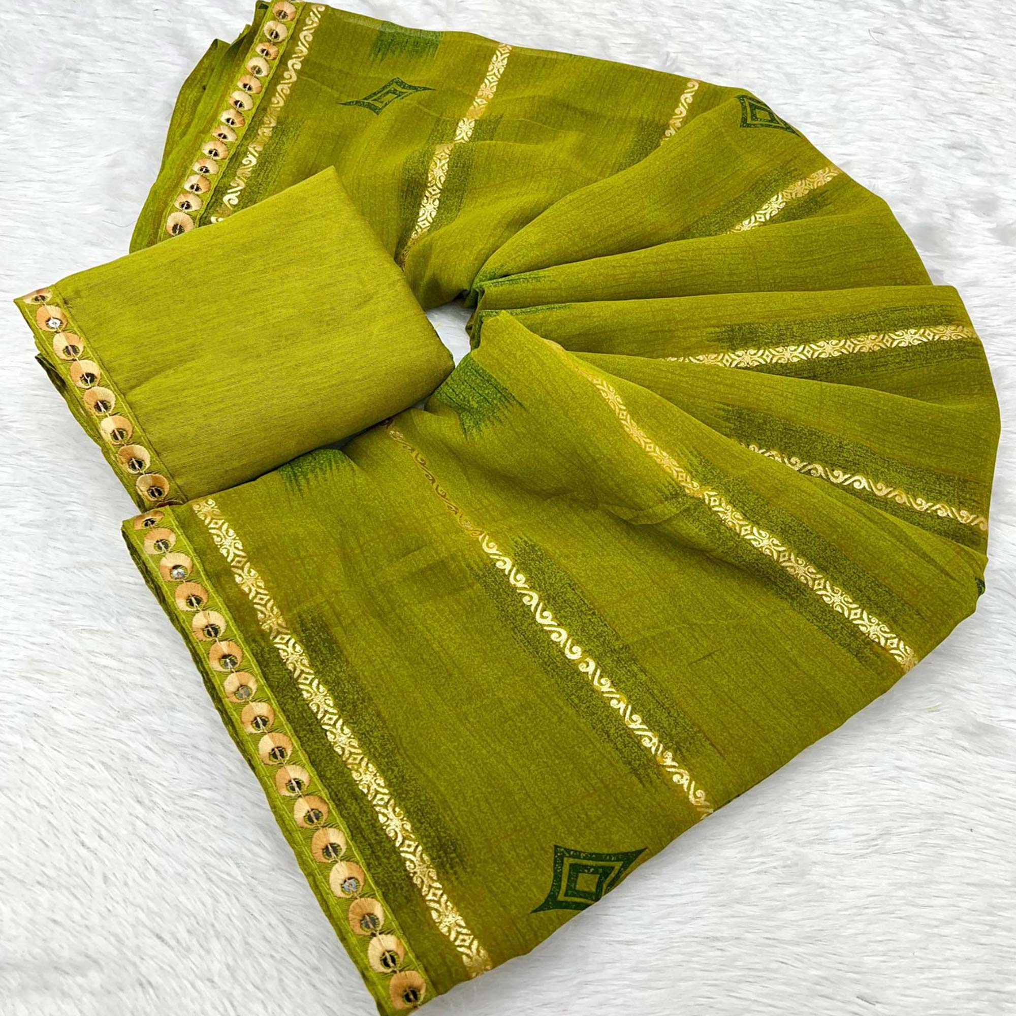 Light Green Soft Crush Georgette Printed Saree